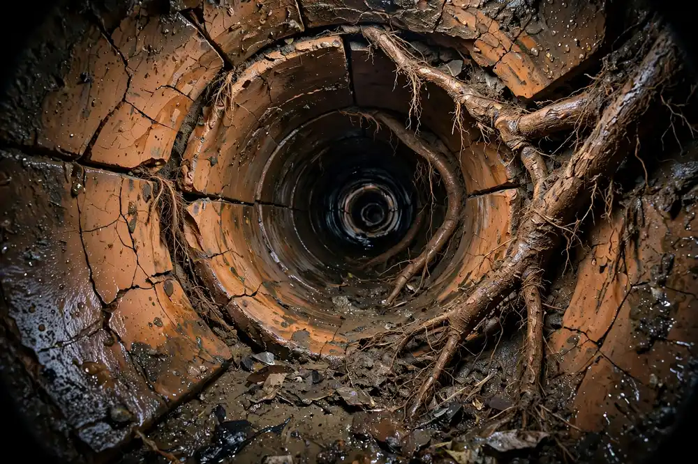 Cracked clay sewer pipe with tree roots growing through the joints, seen on camera