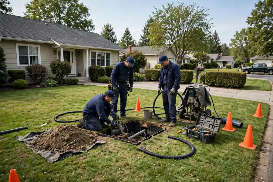 Crew doing trenchless repair over one small pit in an intact green lawn