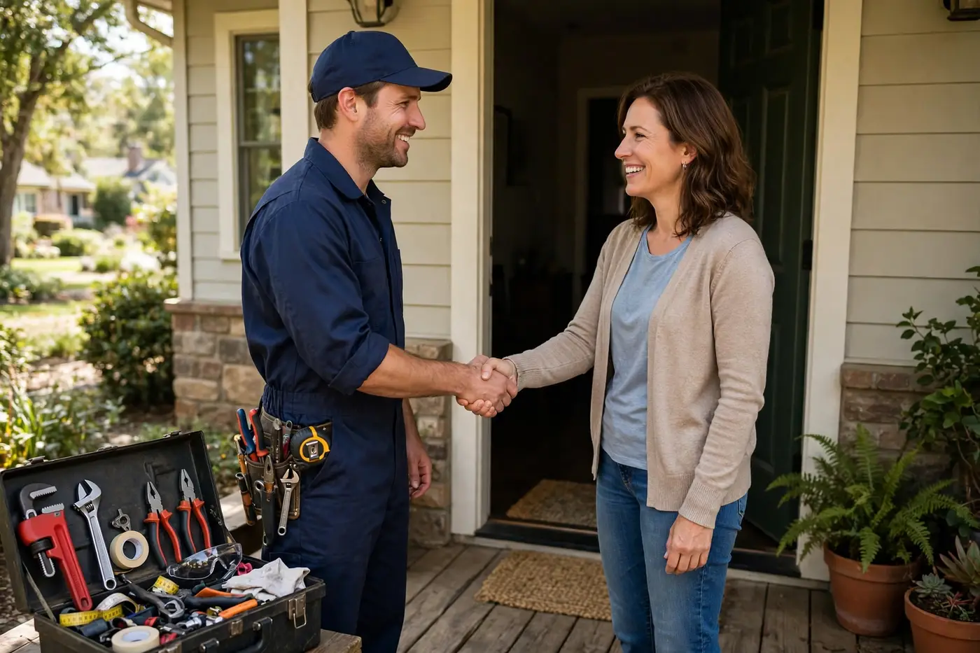 Plumber shaking hands with a homeowner at the front door