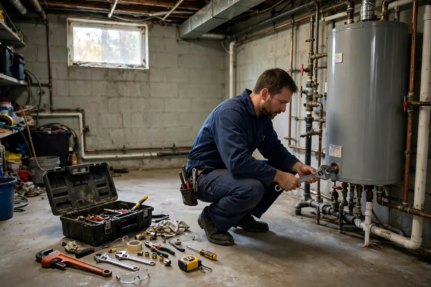 Plumber servicing a home water heater
