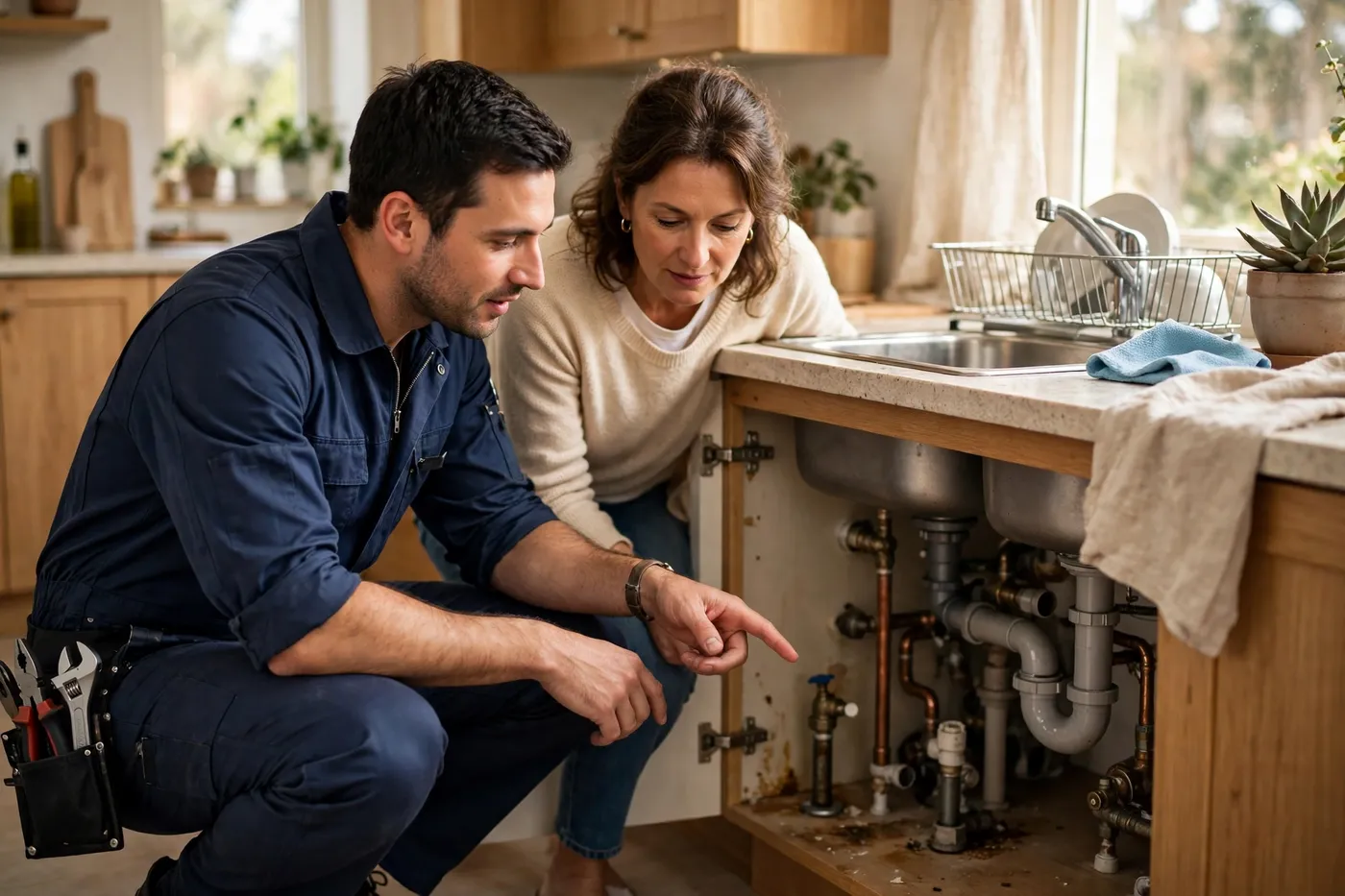 Plumber explaining repair options to a homeowner