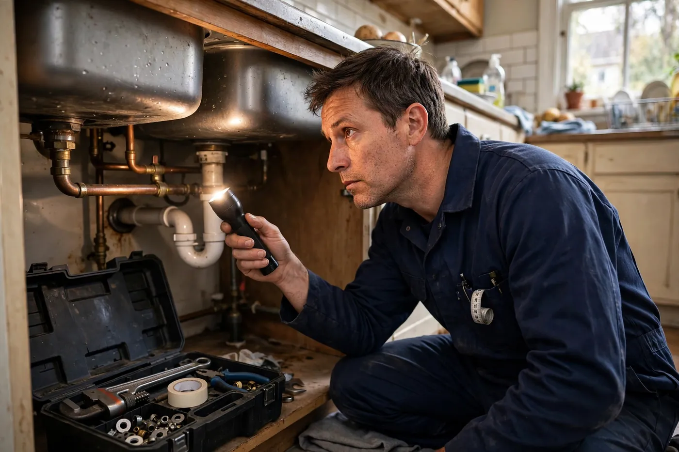 Plumber inspecting pipes under a kitchen sink with a flashlight
