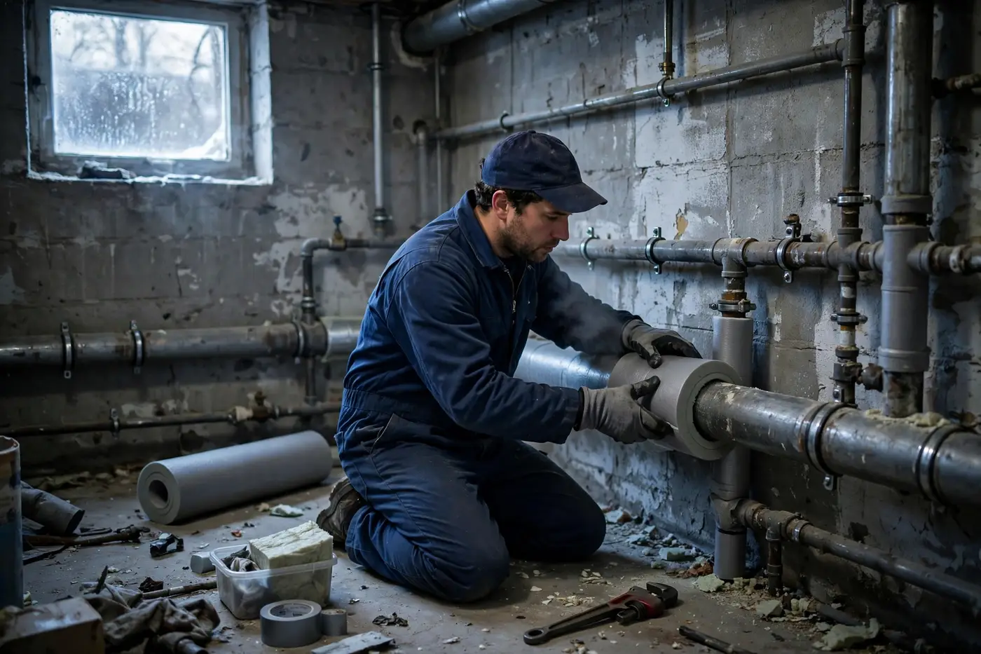 Plumber insulating basement pipes for winter