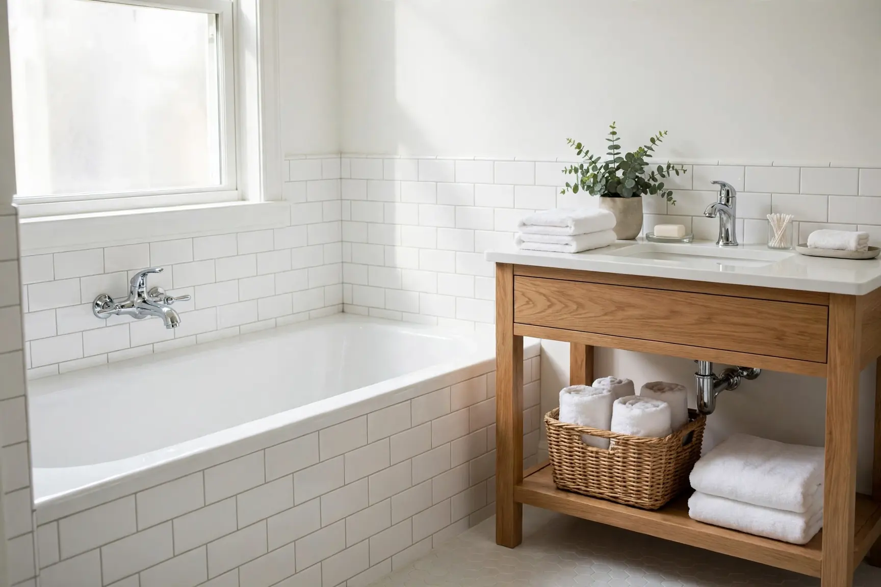 Bright updated bathroom with a clean tub, new chrome faucet, and tidy vanity after plumbing system work