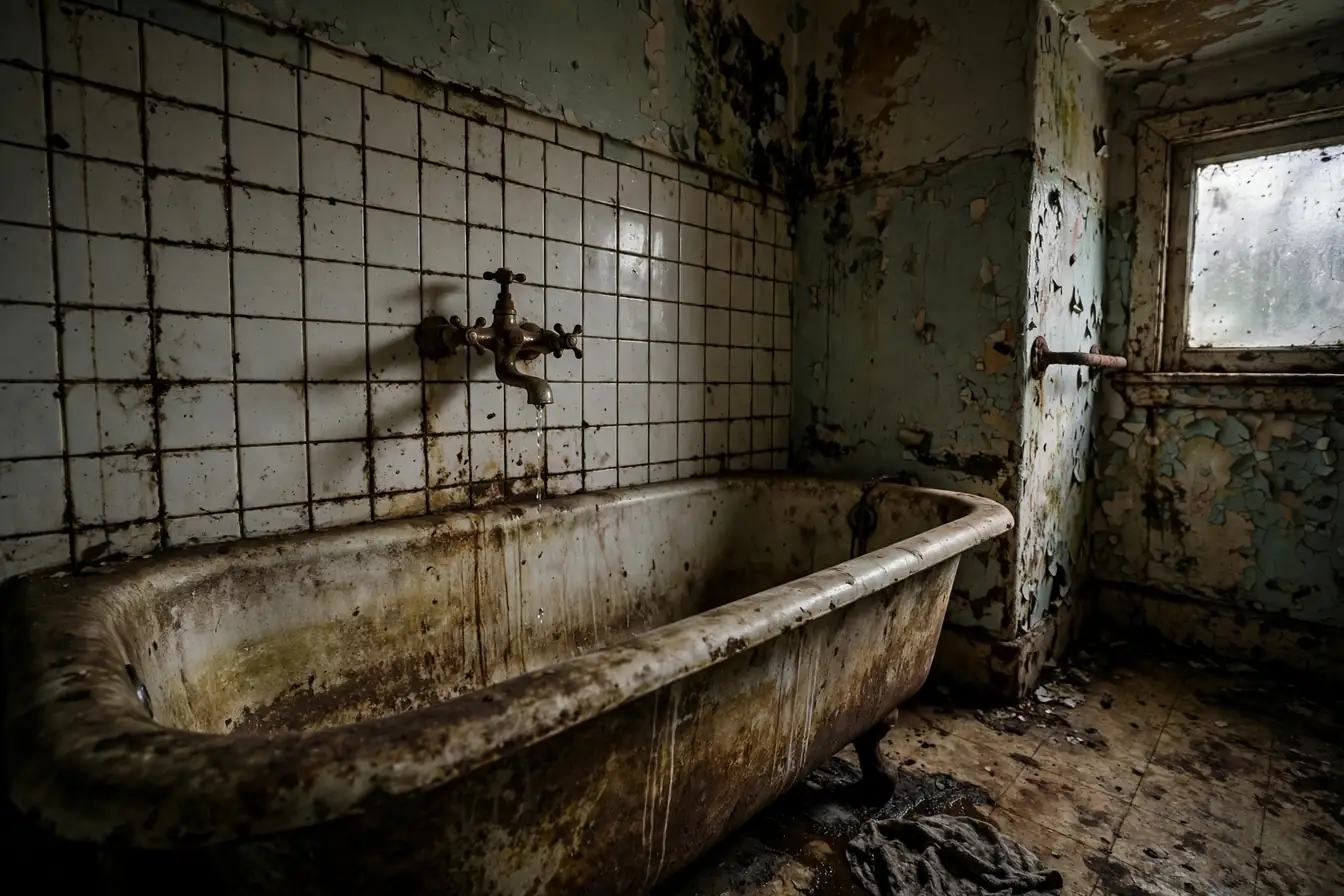 Old bathroom with a stained tub, dripping faucet, and worn fixtures before plumbing system work