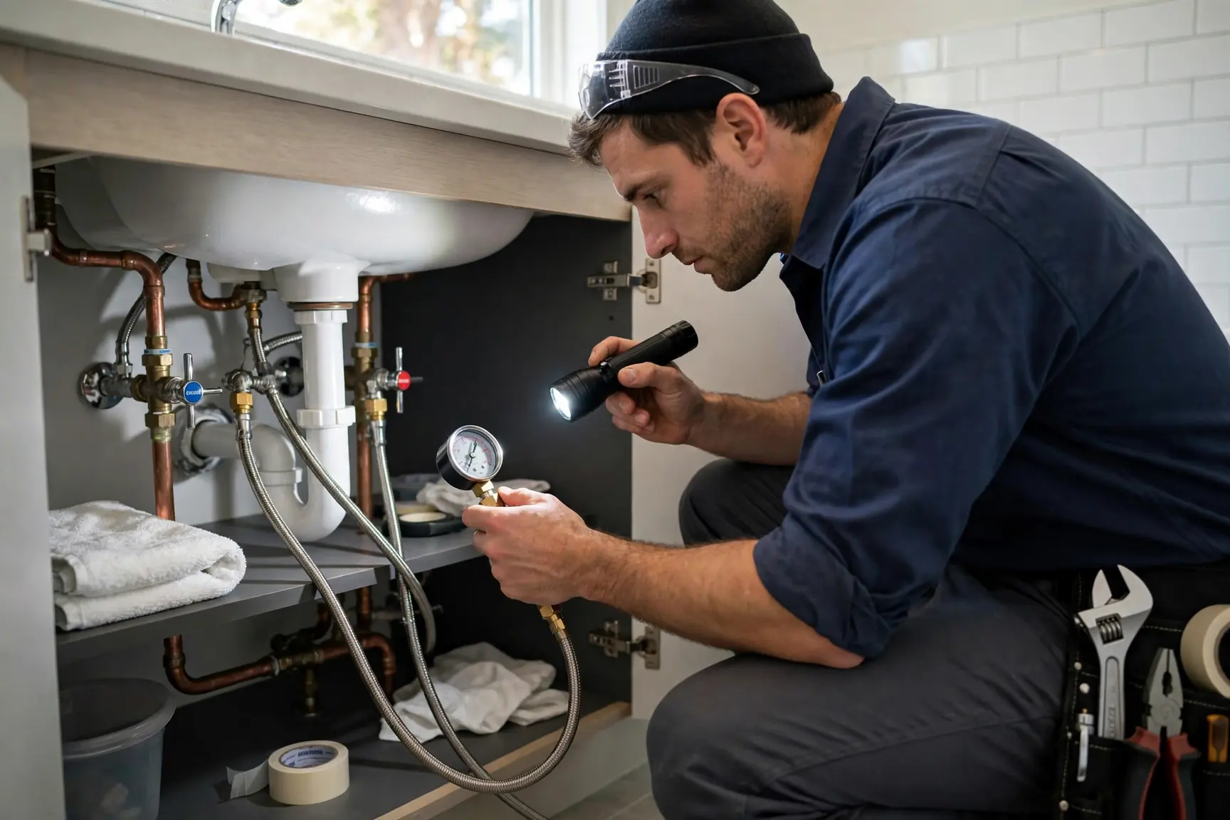 Plumber checking bathroom supply pressure with a gauge and flashlight under a sink