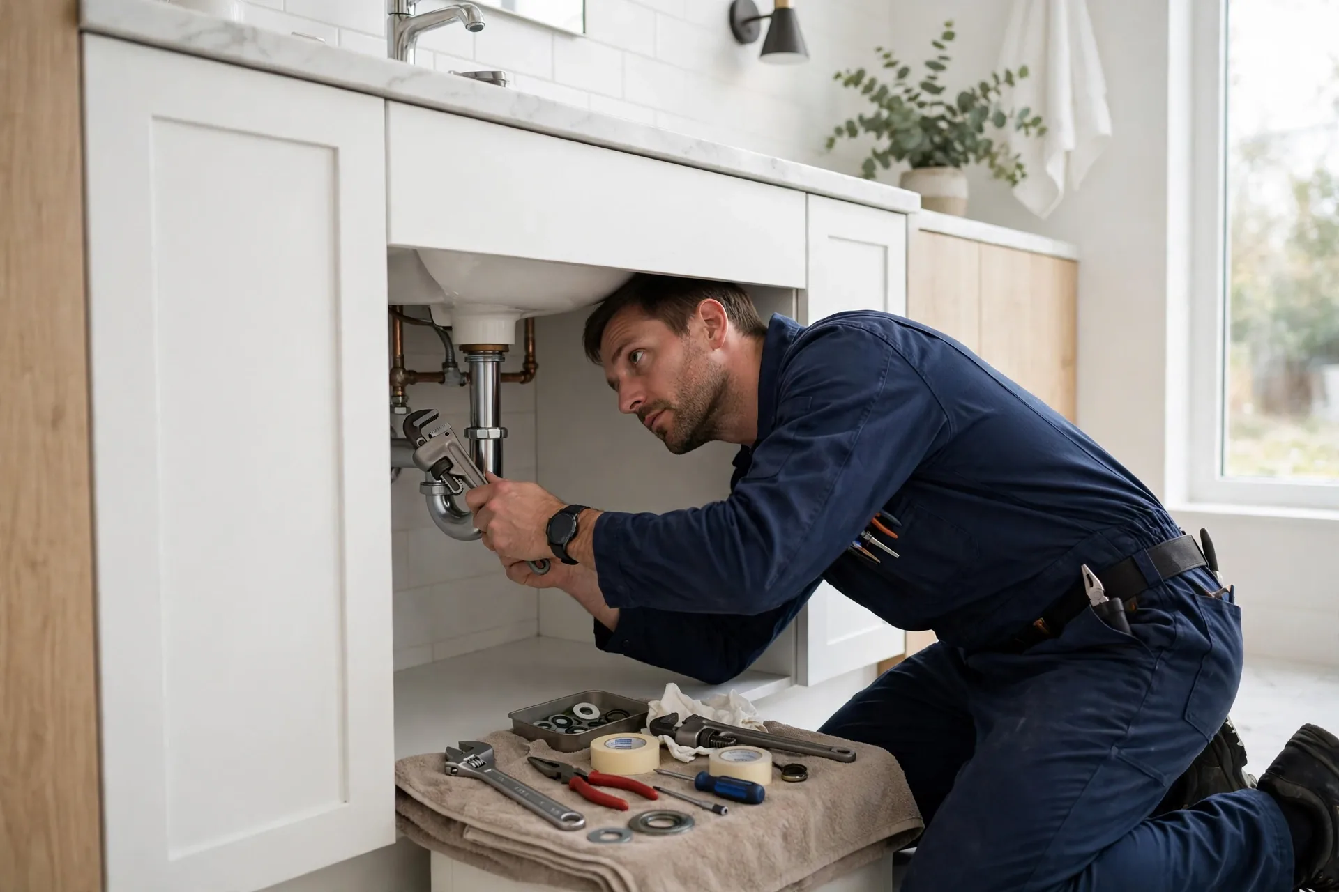 Plumber in a navy uniform repairing pipes under a bright modern bathroom sink