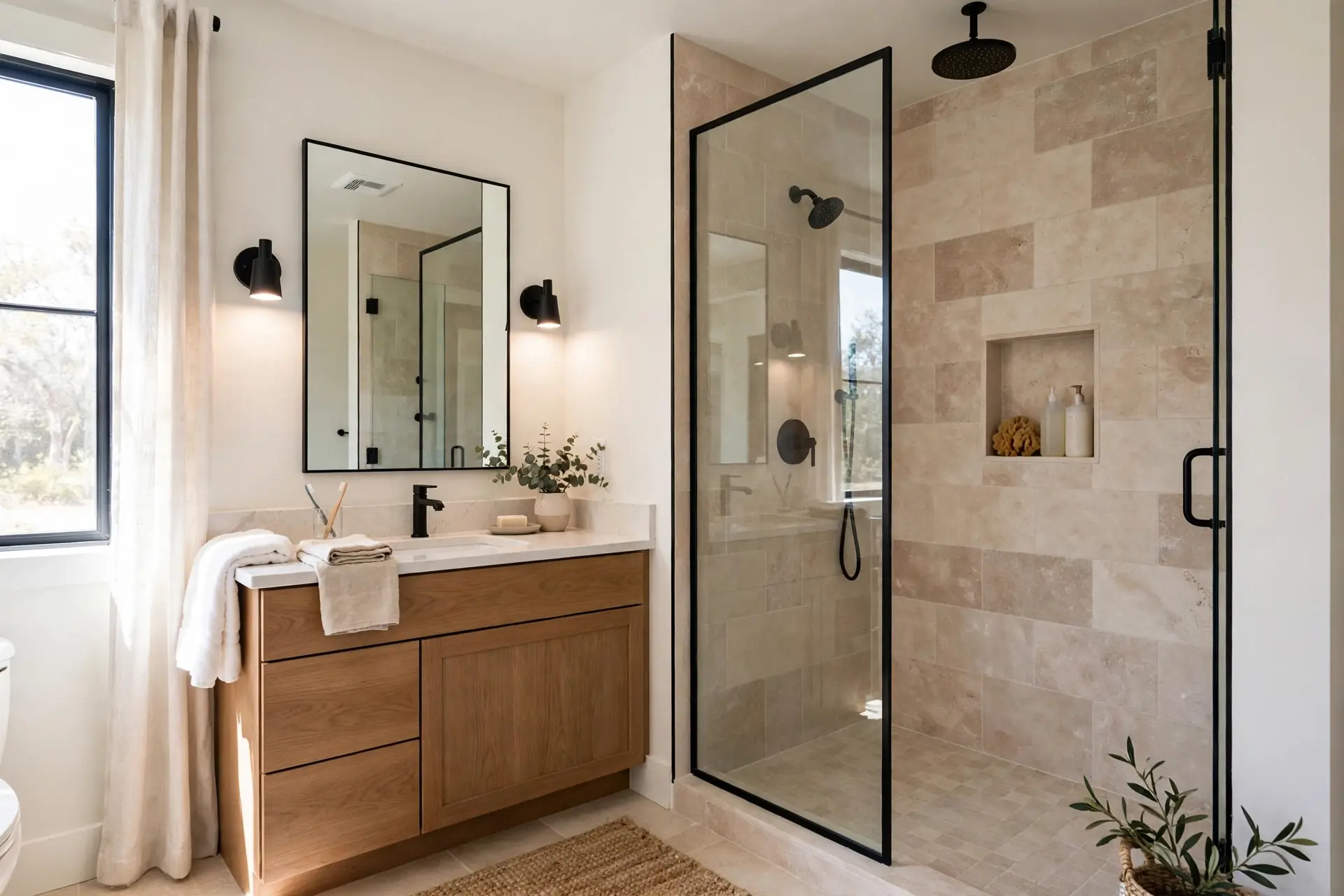 Newly remodeled modern bathroom with a walk-in shower and new vanity