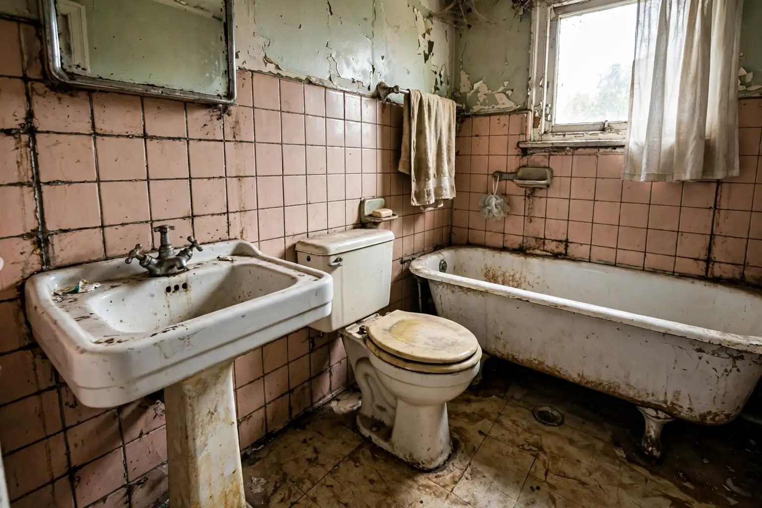 Old dated bathroom with worn fixtures and stained grout before a remodel