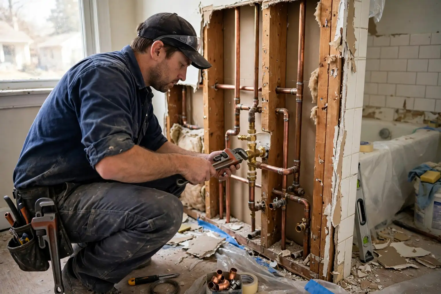 Plumber installing a new shower valve in an open bathroom wall during a remodel