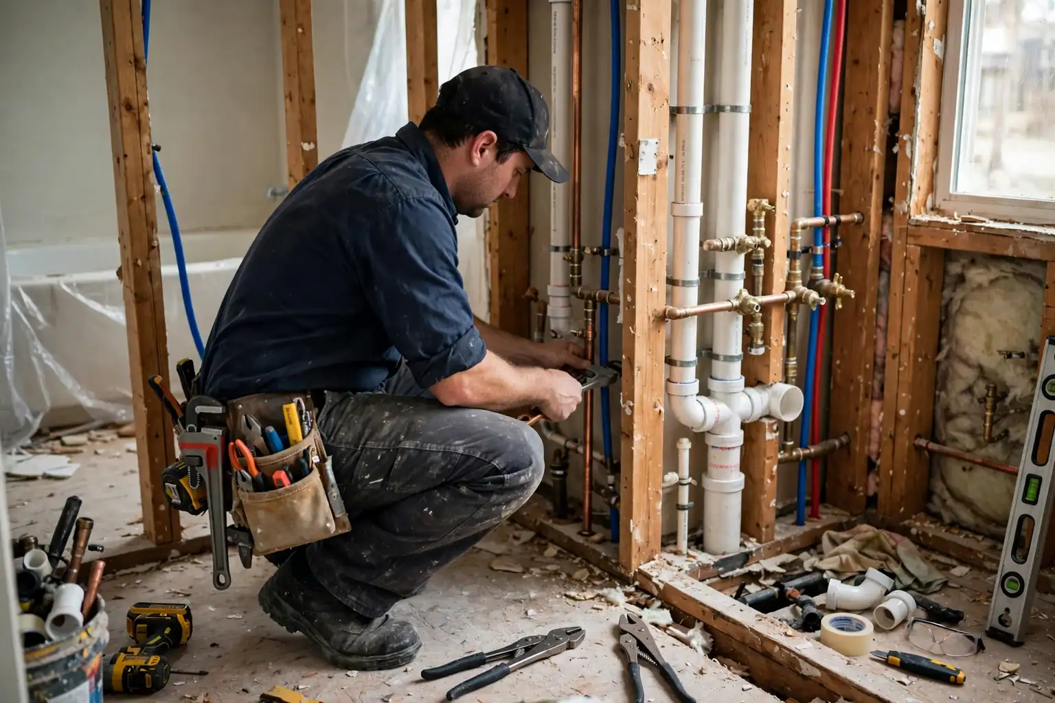 Plumber doing rough-in plumbing in a bathroom remodel with new pipes in open wall framing