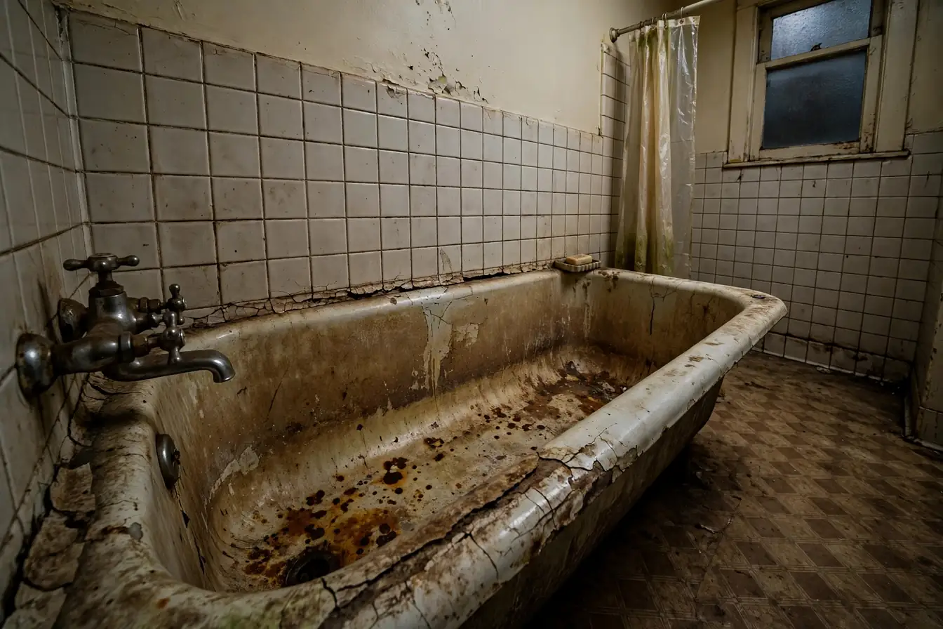 Old worn bathtub with stained surface, rust spots, and cracked caulk before replacement