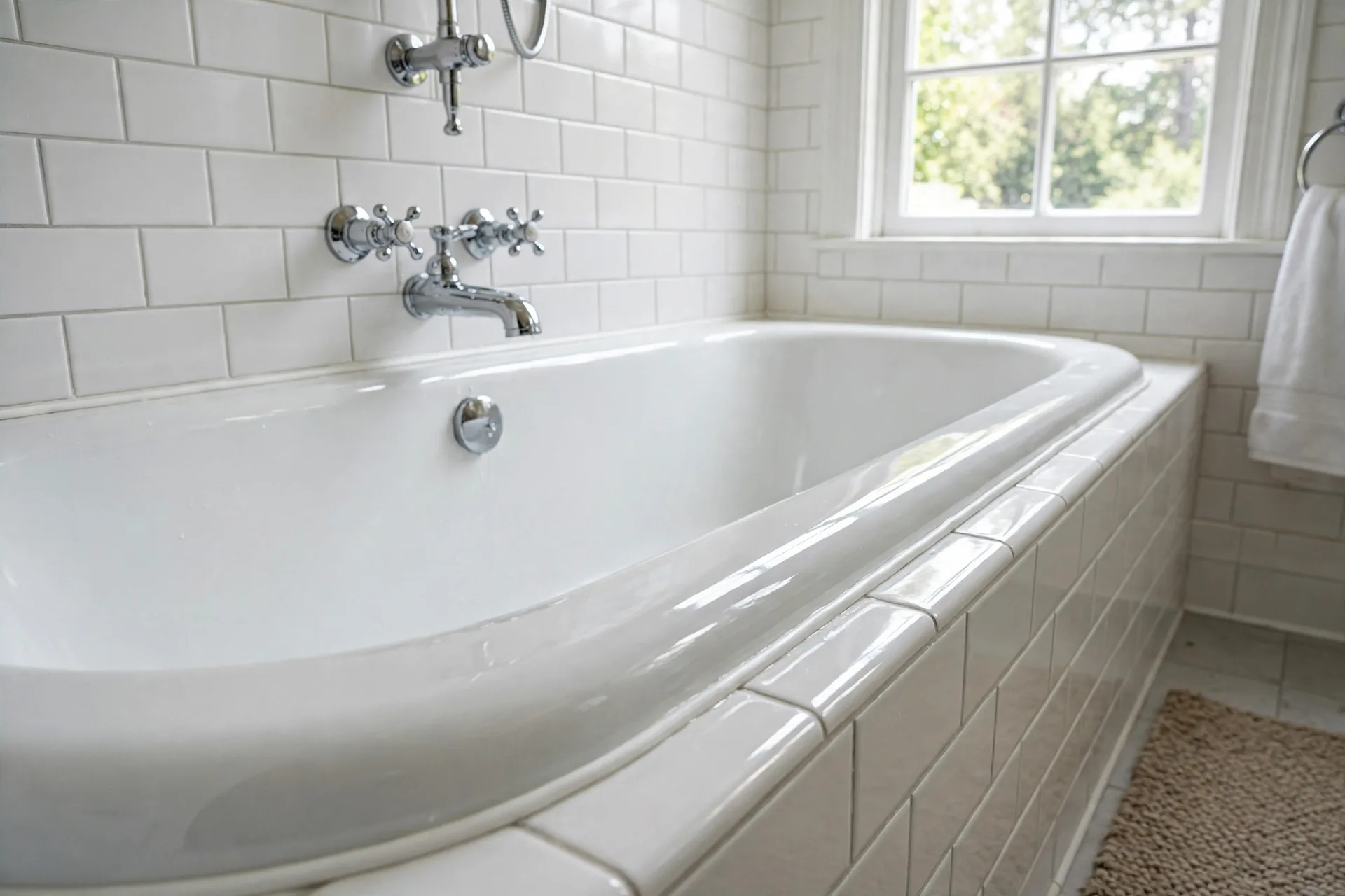 Freshly reglazed glossy white bathtub with a clean new caulk line and chrome fixtures after repair