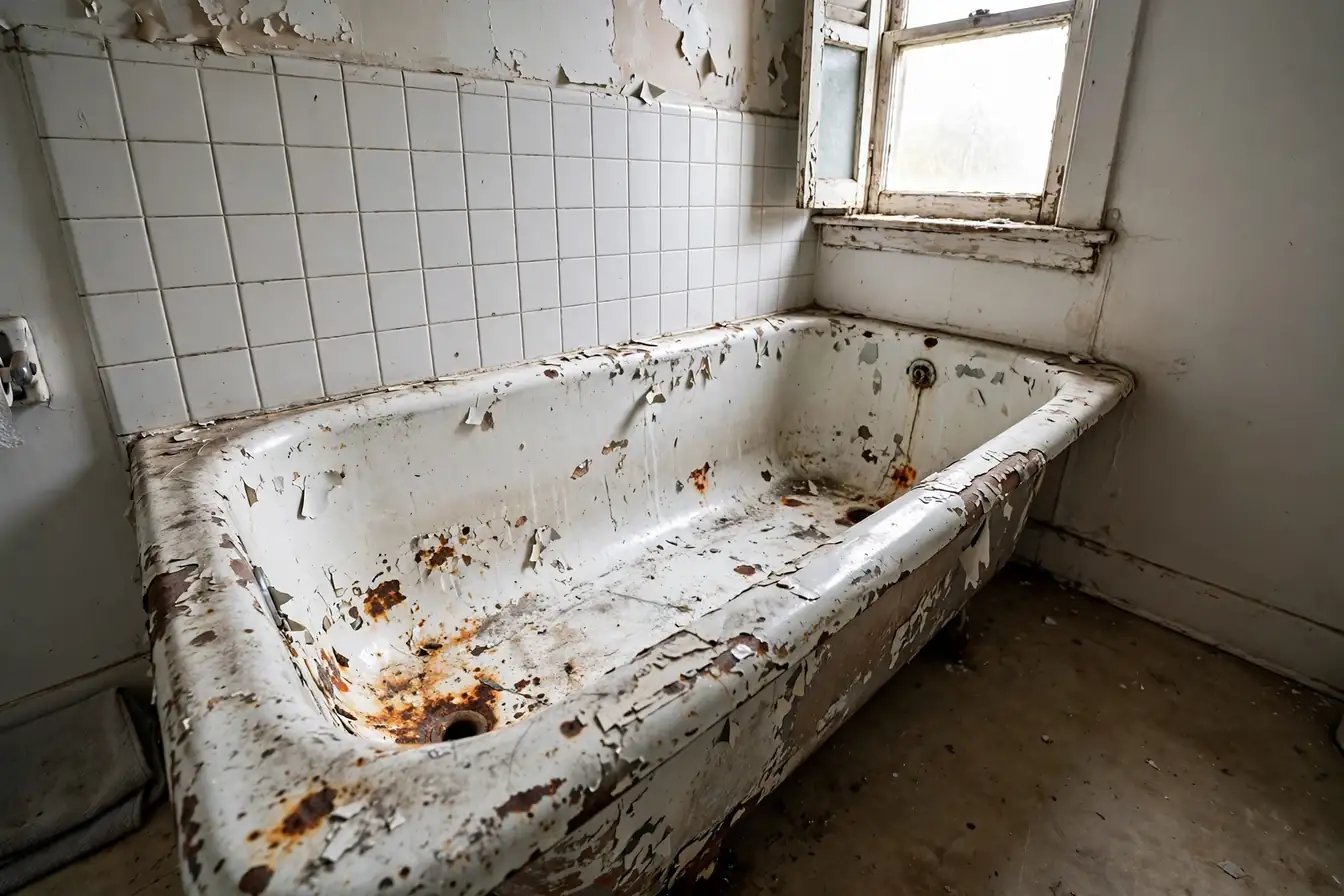 Bathtub with chipped enamel, rust spots, and a dull peeling finish before repair