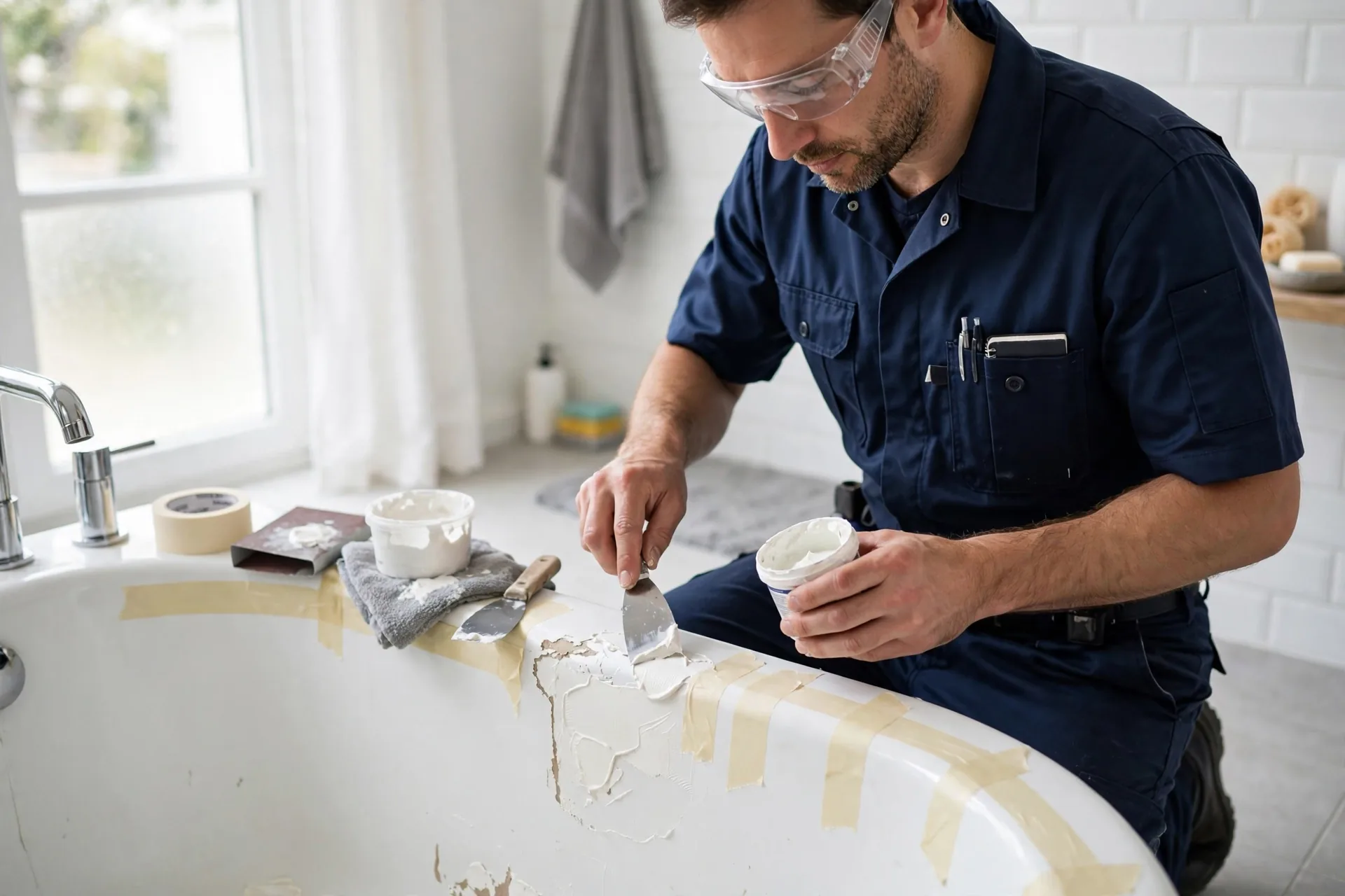 Plumber in a navy uniform repairing a chipped bathtub surface with filler and masking tape along the tub edge