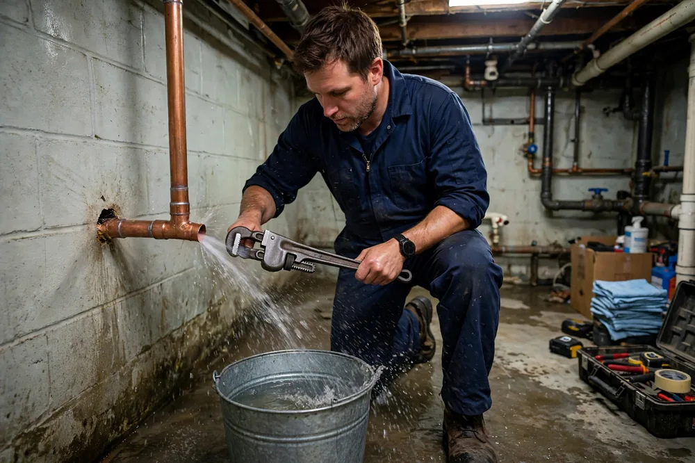 Plumber in a navy uniform repairing a burst copper pipe spraying water in a basement