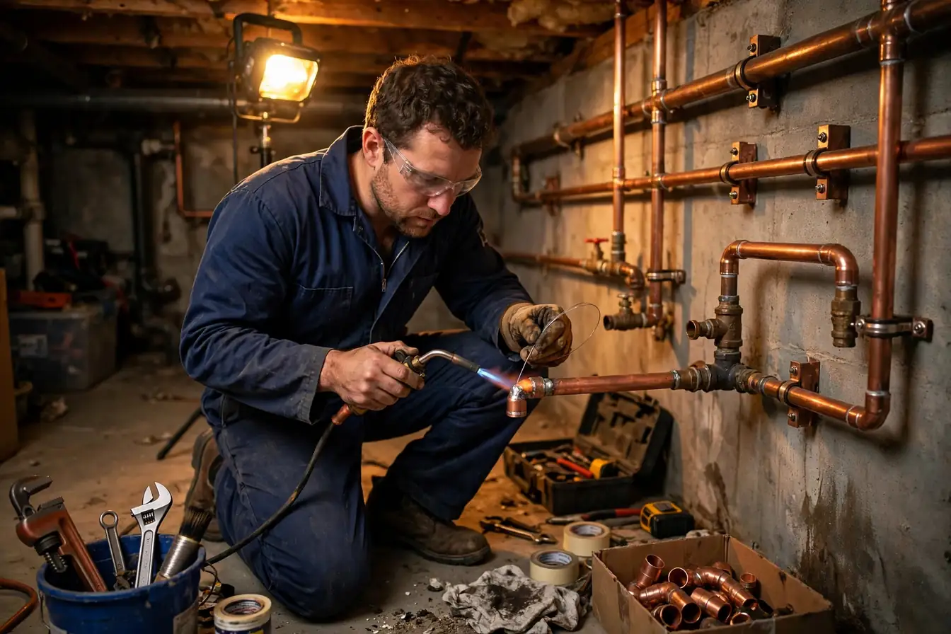 Plumber in a navy uniform soldering a new copper pipe joint in a home basement beside wall mounted copper pipes