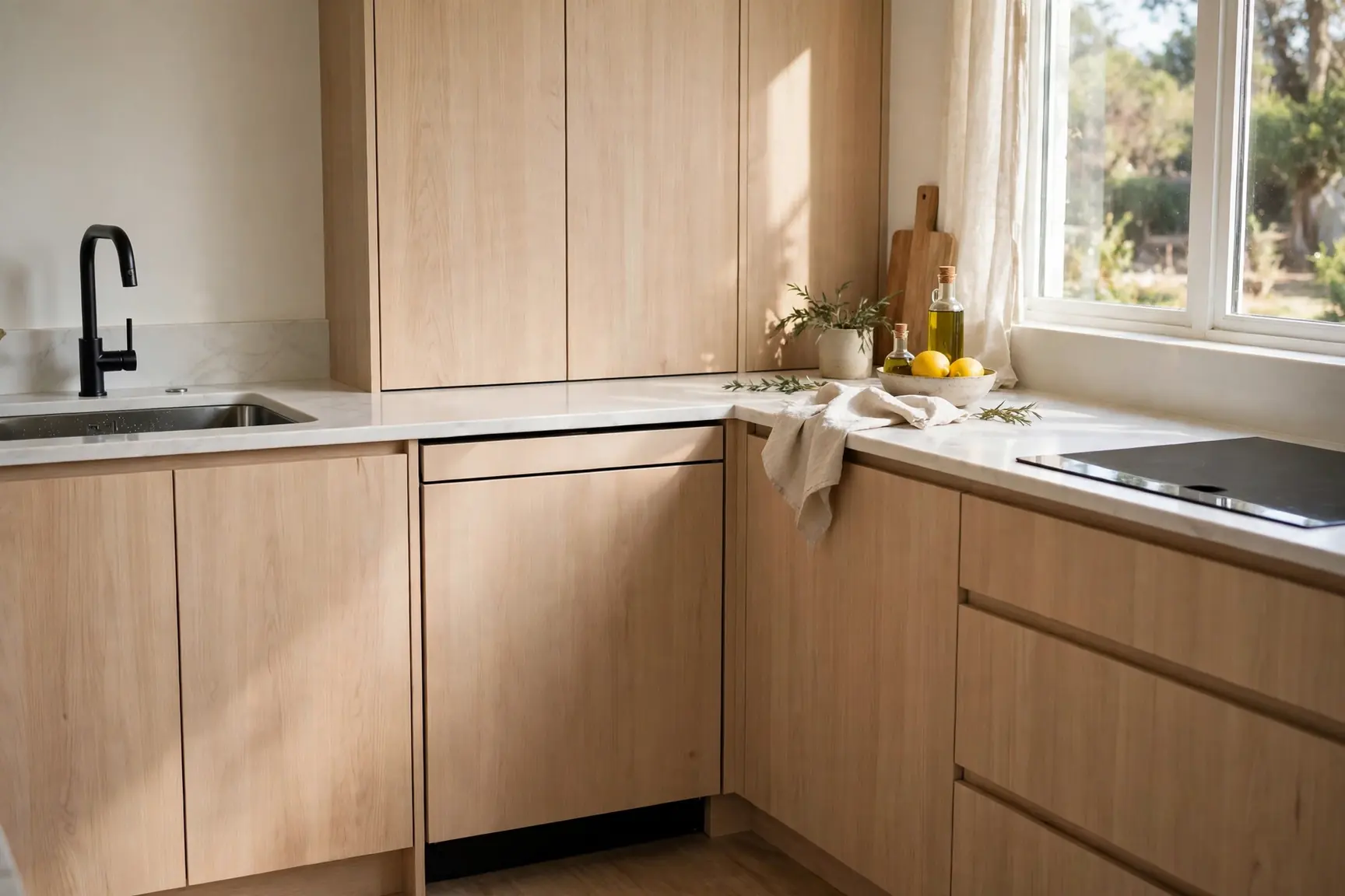 Sleek new built-in dishwasher flush with kitchen cabinets in a bright modern kitchen after installation