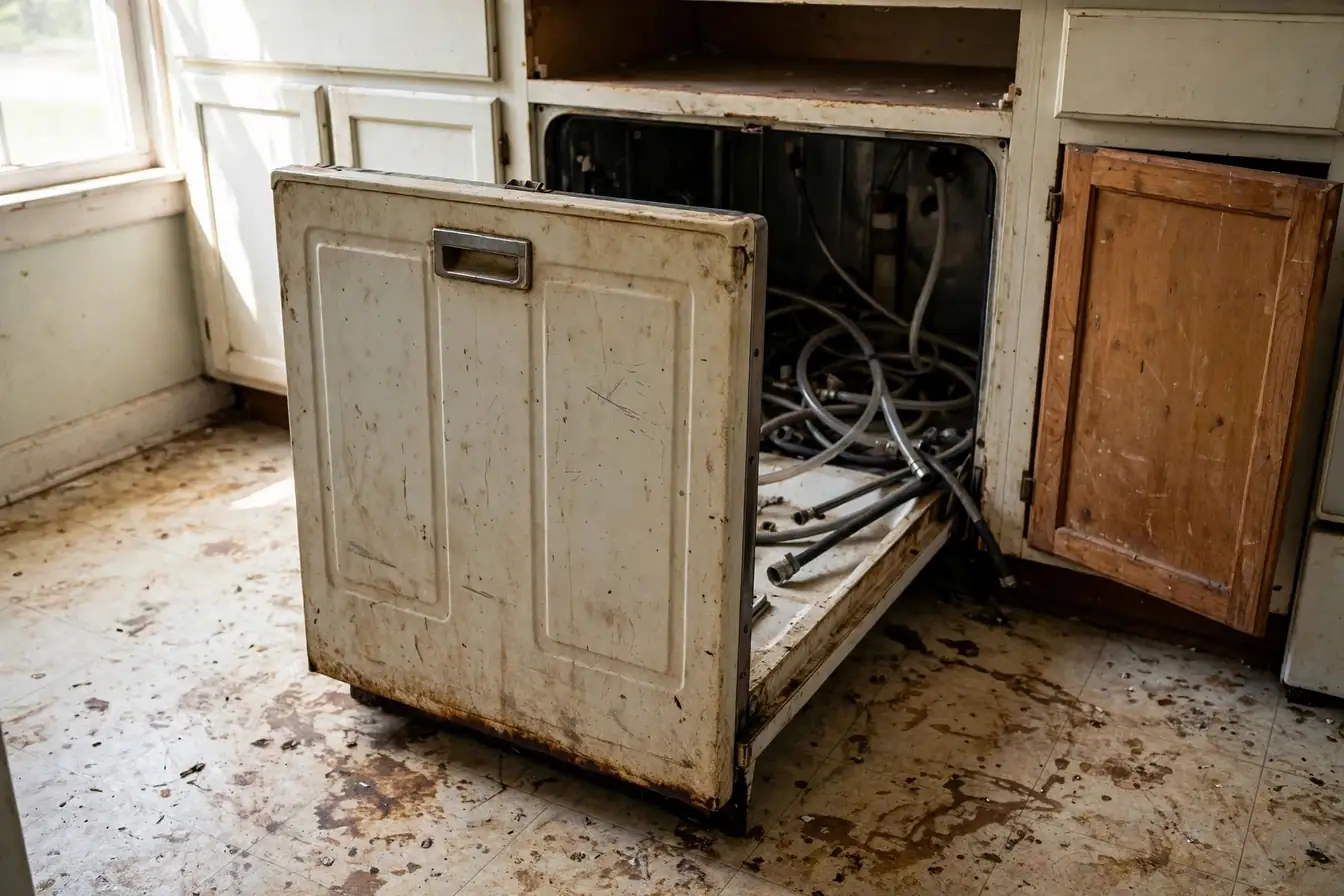 Old dishwasher pulled out of a kitchen cabinet with a stained floor and loose hoses behind it before replacement