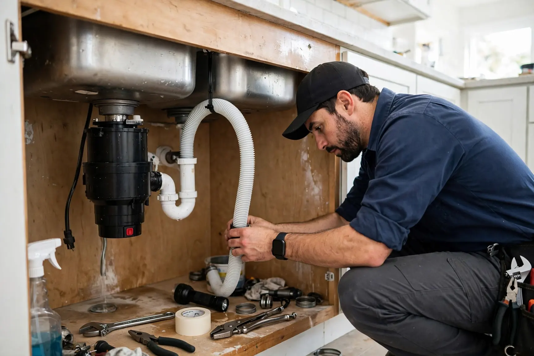 Plumber routing a dishwasher drain hose in a high loop under a kitchen sink beside a garbage disposal