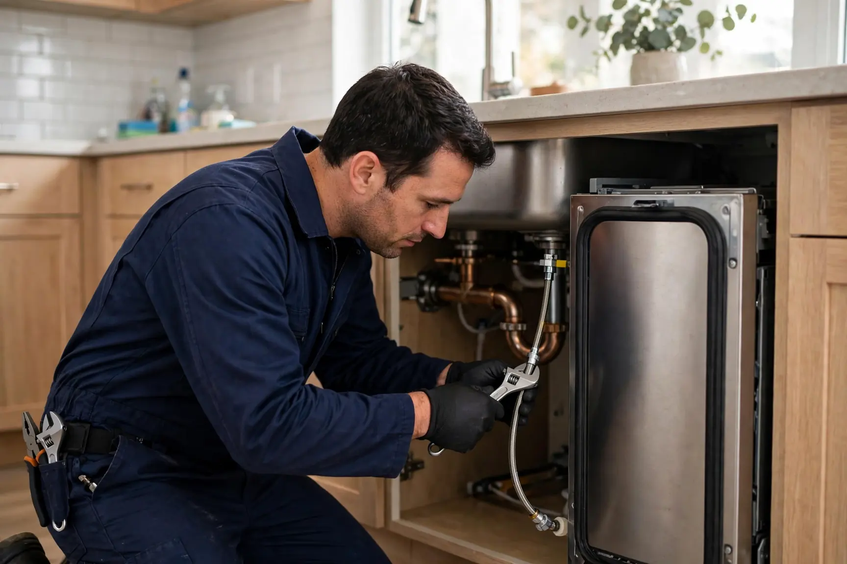 Plumber in a navy uniform installing a built-in dishwasher into a kitchen cabinet and connecting the water supply line