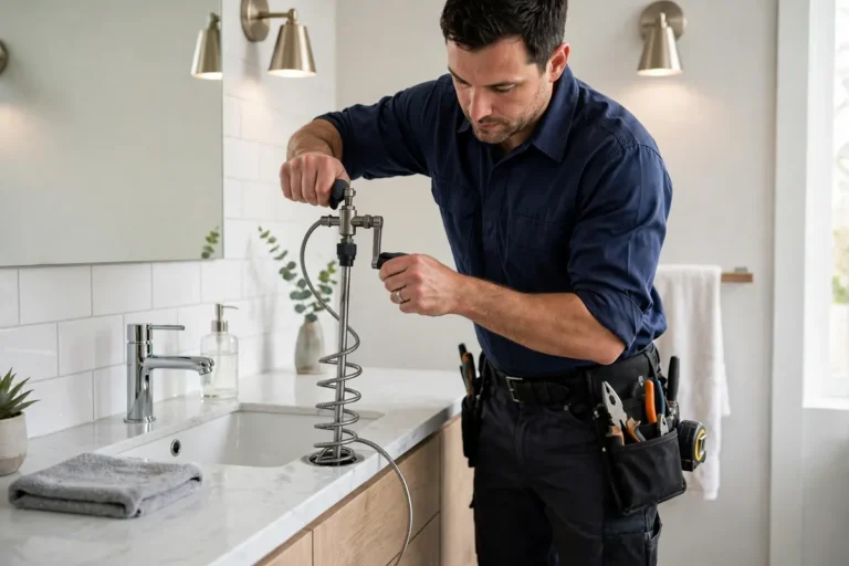 Plumber using a drain snake on a bathroom sink drain
