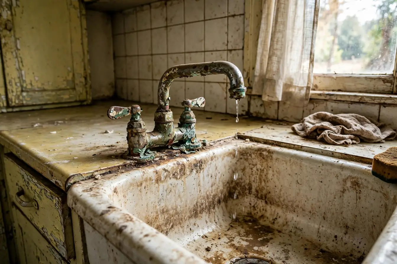 Old corroded dripping kitchen faucet with flaking finish and stained sink before replacement