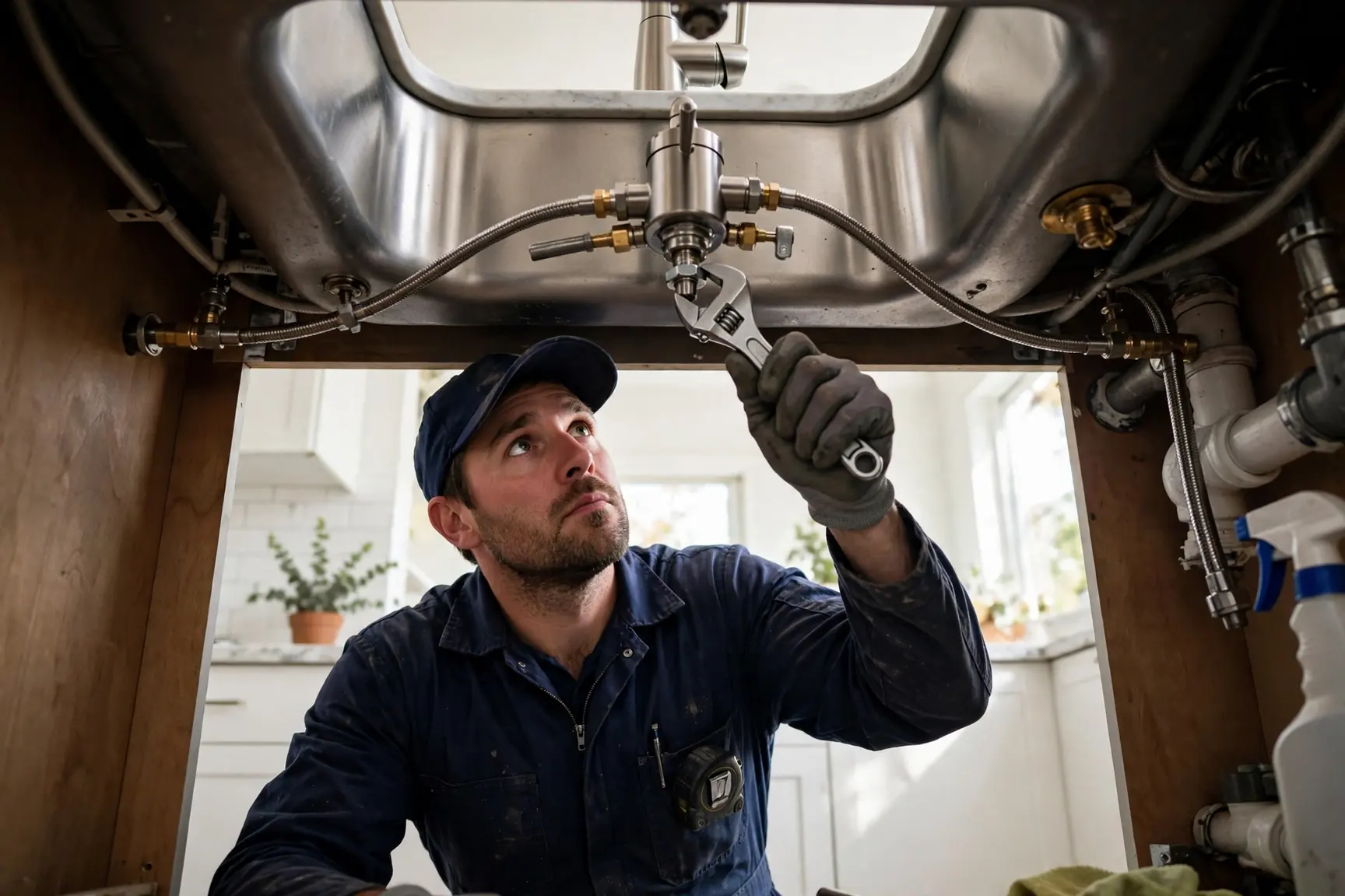 Plumber in a navy uniform installing a new kitchen faucet and tightening it from under the sink