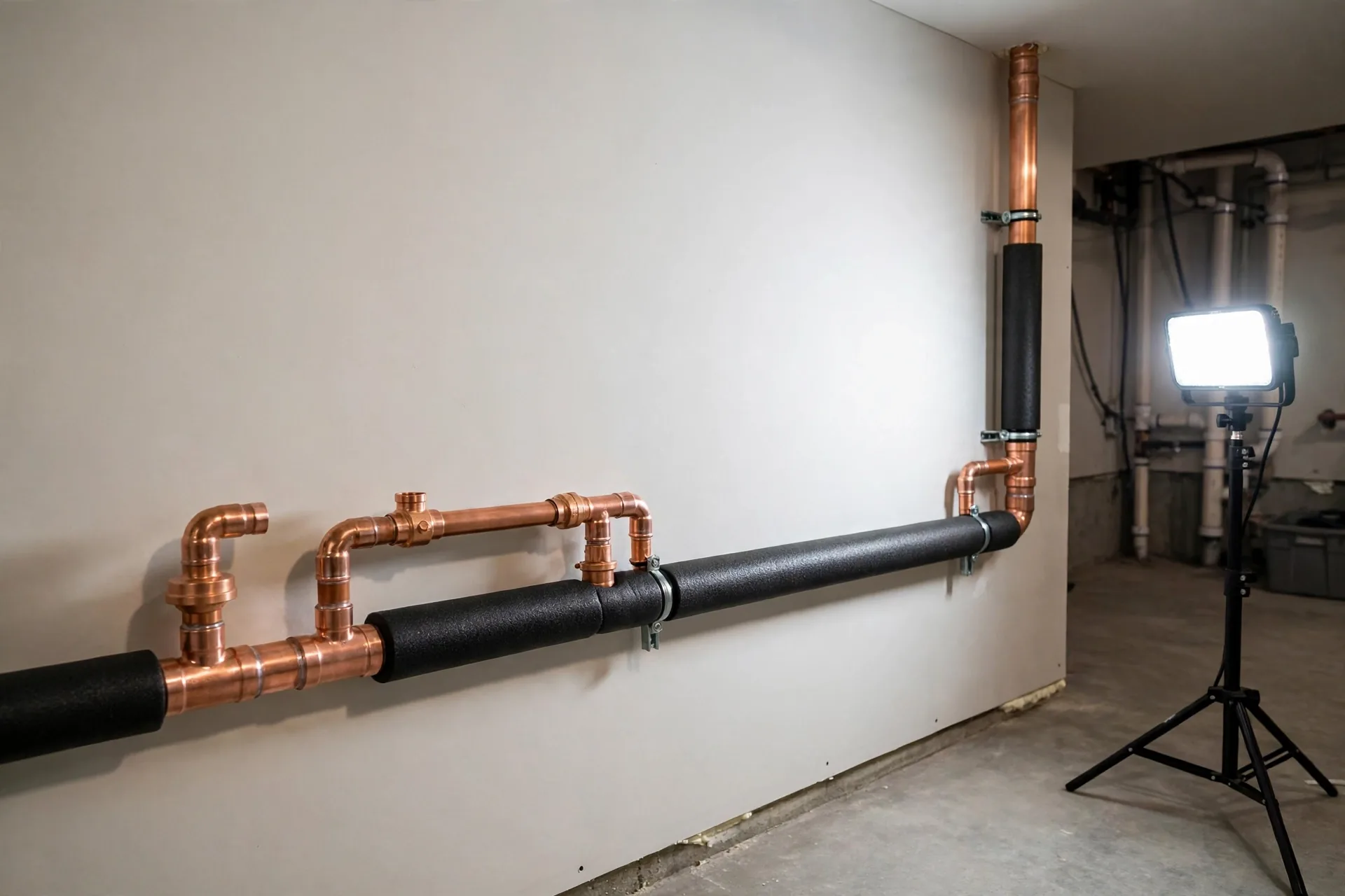 New copper pipe section with clean fittings and black foam insulation in a tidy basement