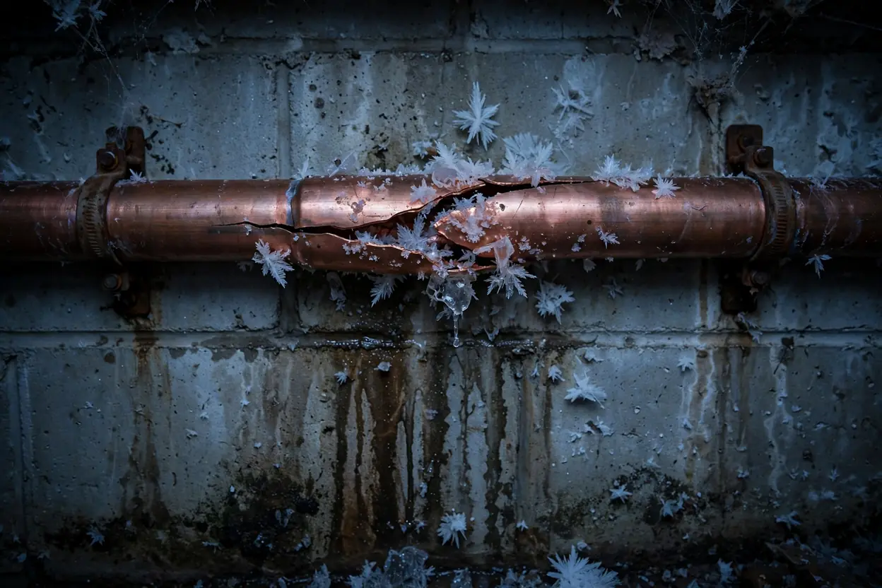 Burst copper pipe with a long split crack and ice crystals in a cold basement