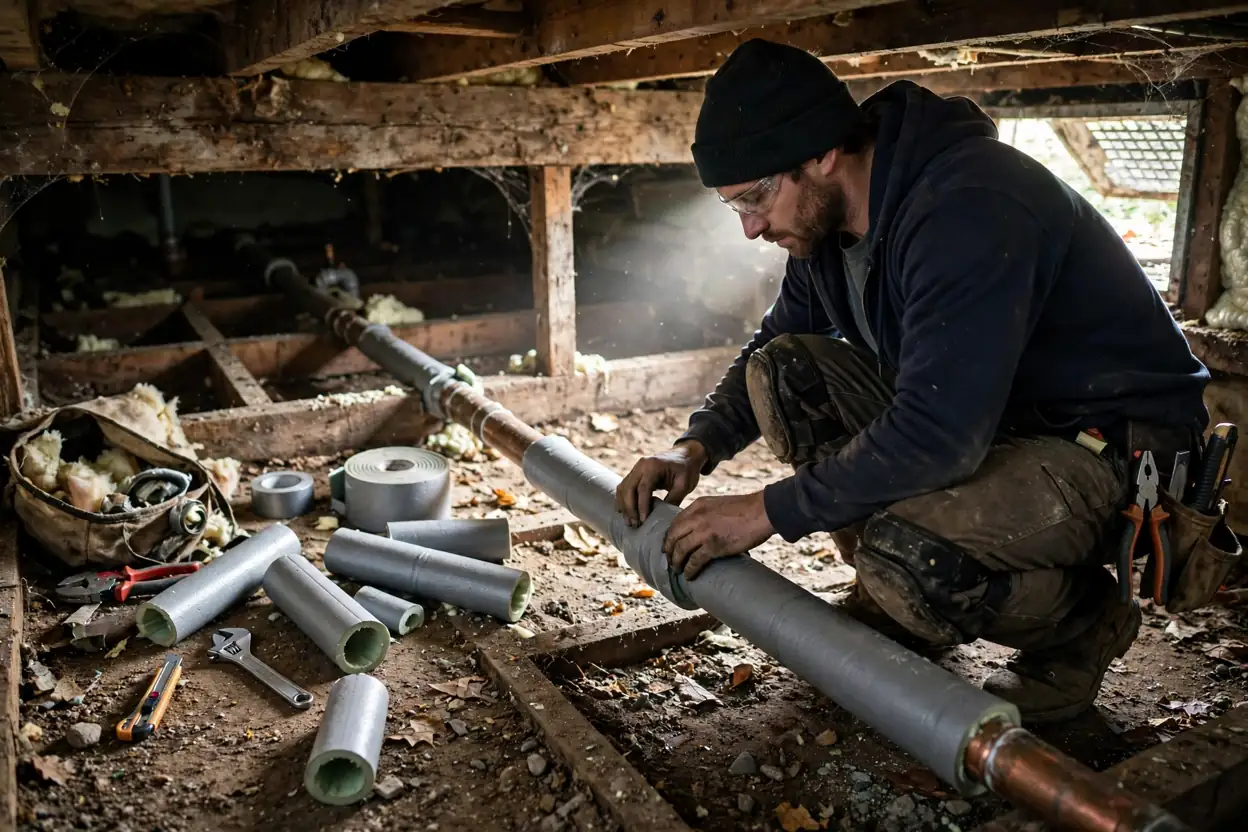 Plumber fitting foam insulation sleeves on exposed pipes in a crawl space