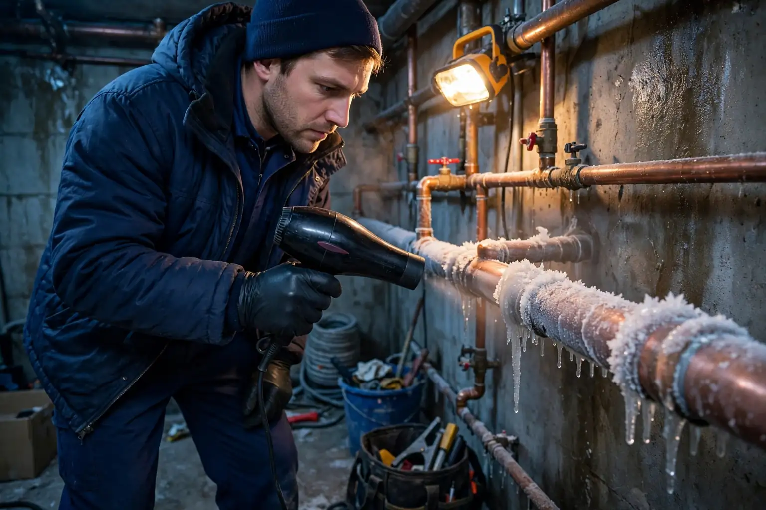 Plumber thawing a frost covered copper pipe in a cold basement with gentle heat