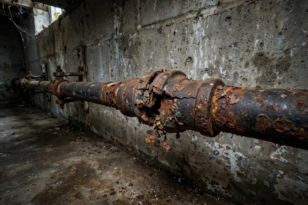 Corroded rusty gas pipe with a worn joint in a basement