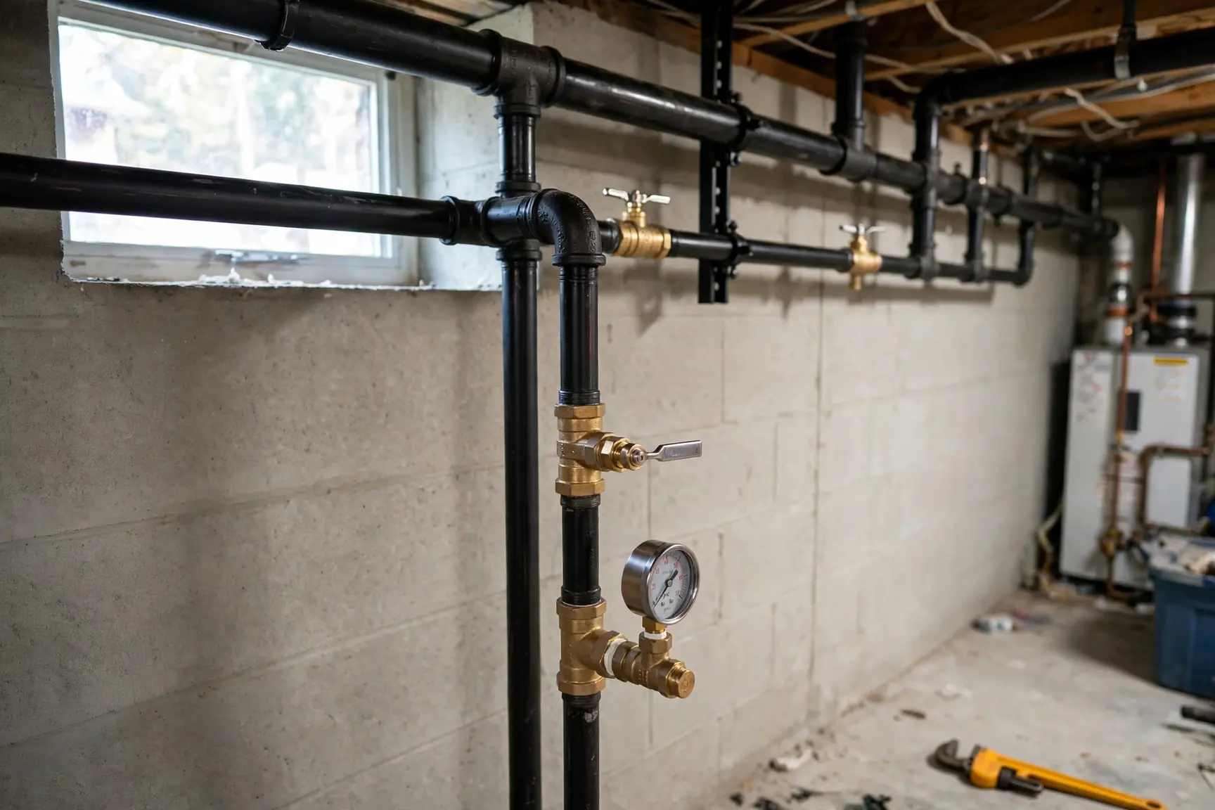 New clean black steel gas pipe run with brass shutoff valves and a pressure gauge in a bright basement after service