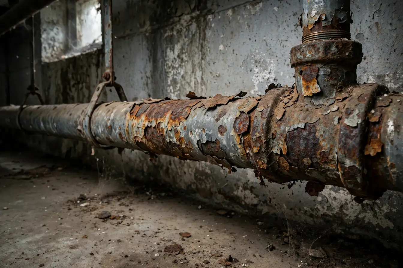 Corroded rusted old gas pipe section with flaking metal in a basement before service