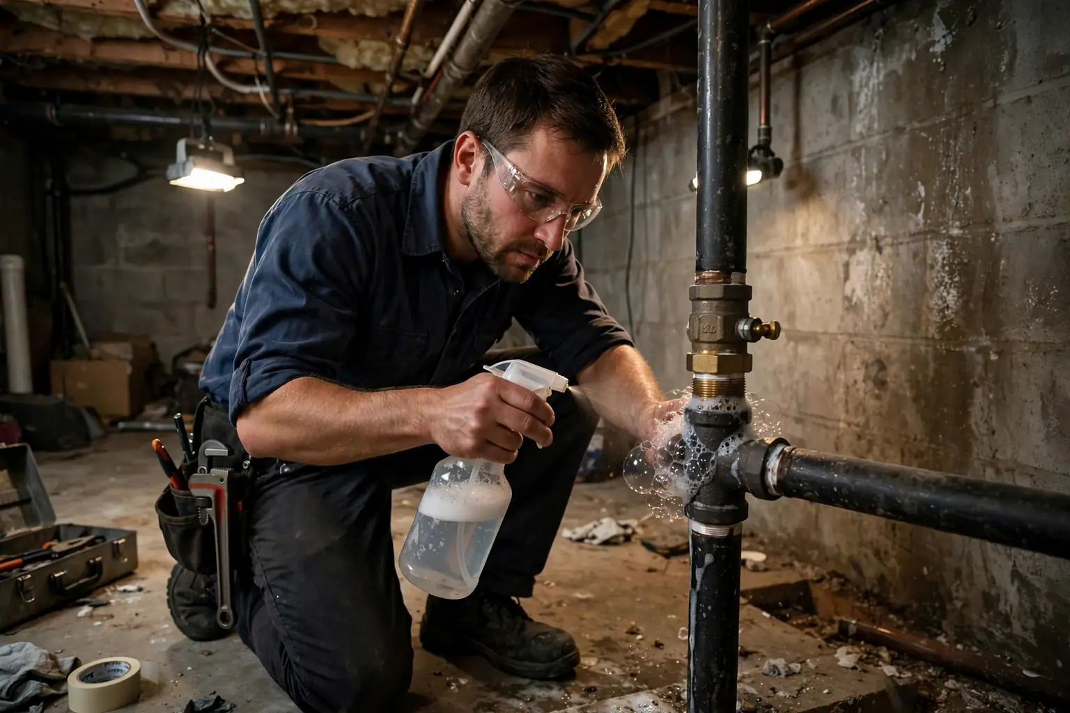 Gas fitter applying leak detection solution to a gas pipe joint and checking for bubbles in a basement