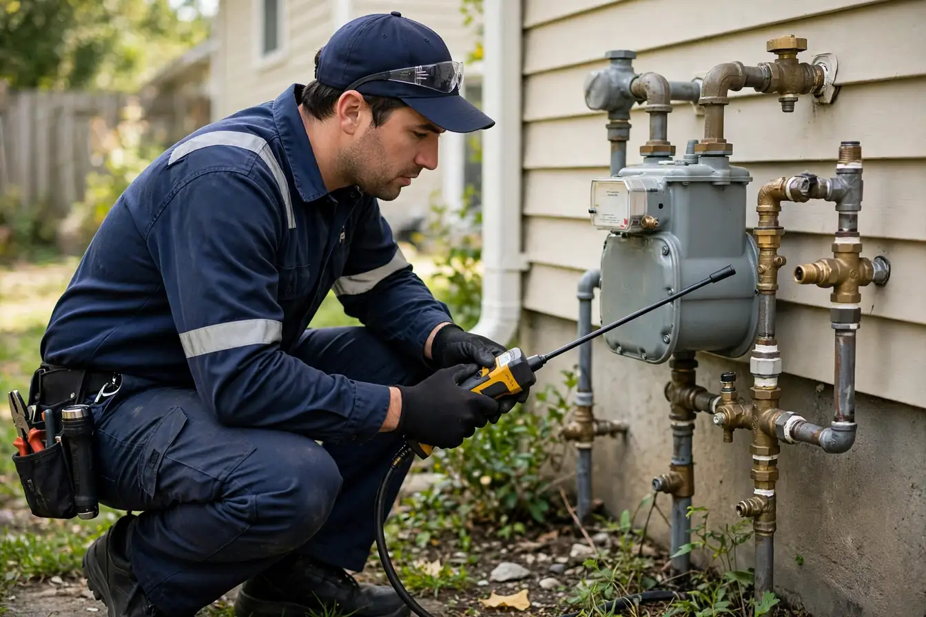 Gas technician in a navy uniform checking a gas meter and shutoff valves on the side of a house with a handheld detector