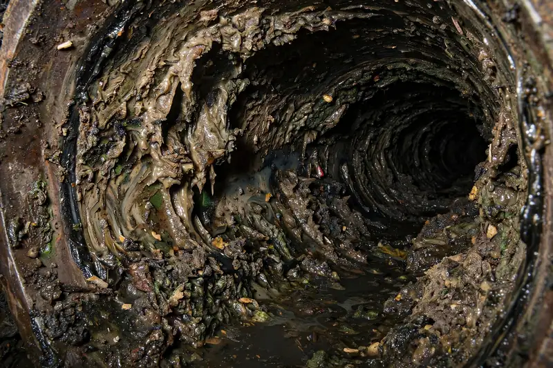 Inside of a drain pipe coated with thick grease and sludge buildup