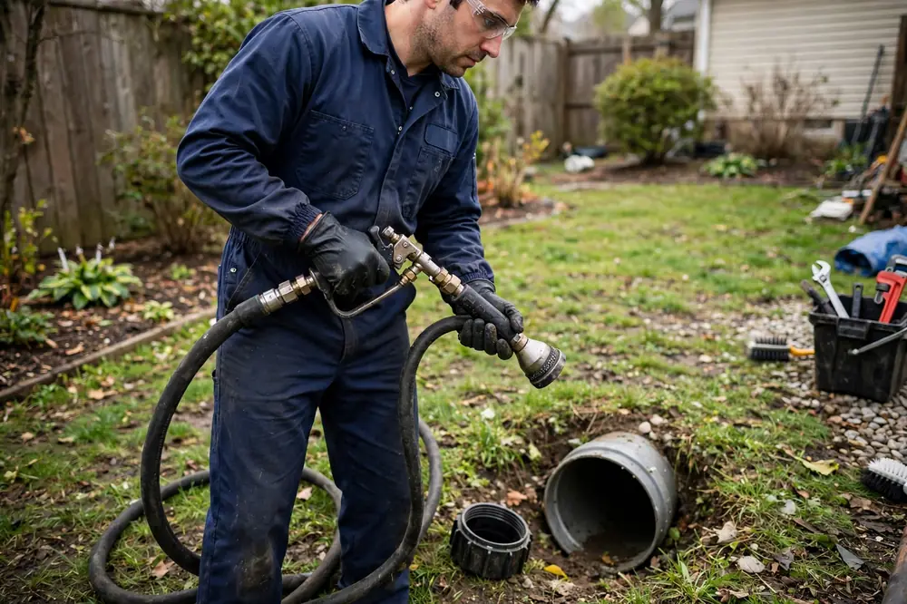 Plumber in a navy uniform holding a hydro jetting nozzle and hose beside a sewer cleanout in a yard
