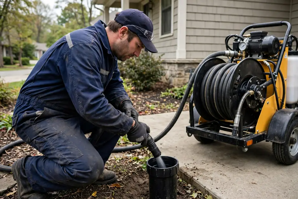 Plumber in a navy uniform feeding a hydro jetting hose into a drain cleanout outside a house