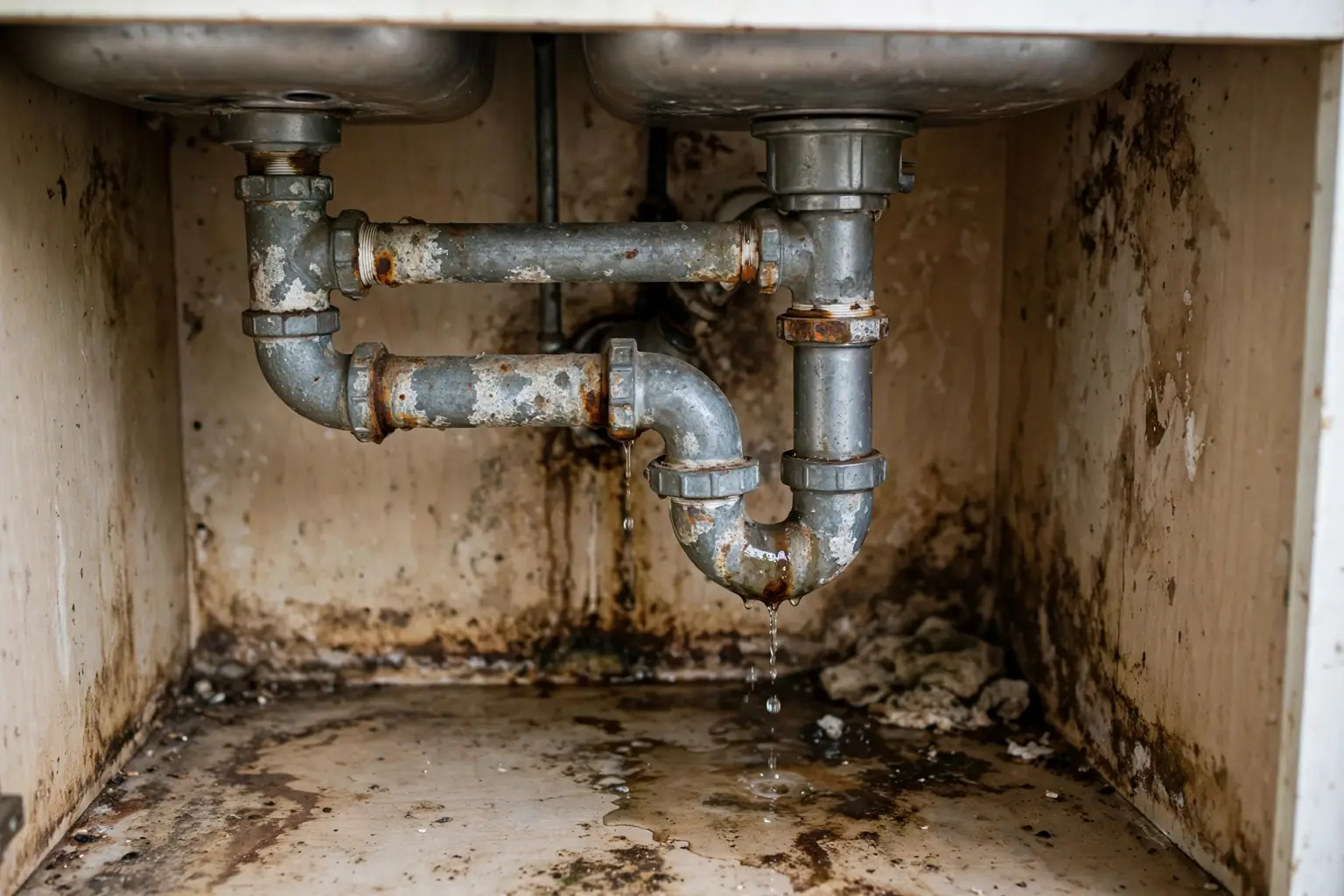 Old corroded galvanized pipes and a leaking drain under a kitchen sink with water stains
