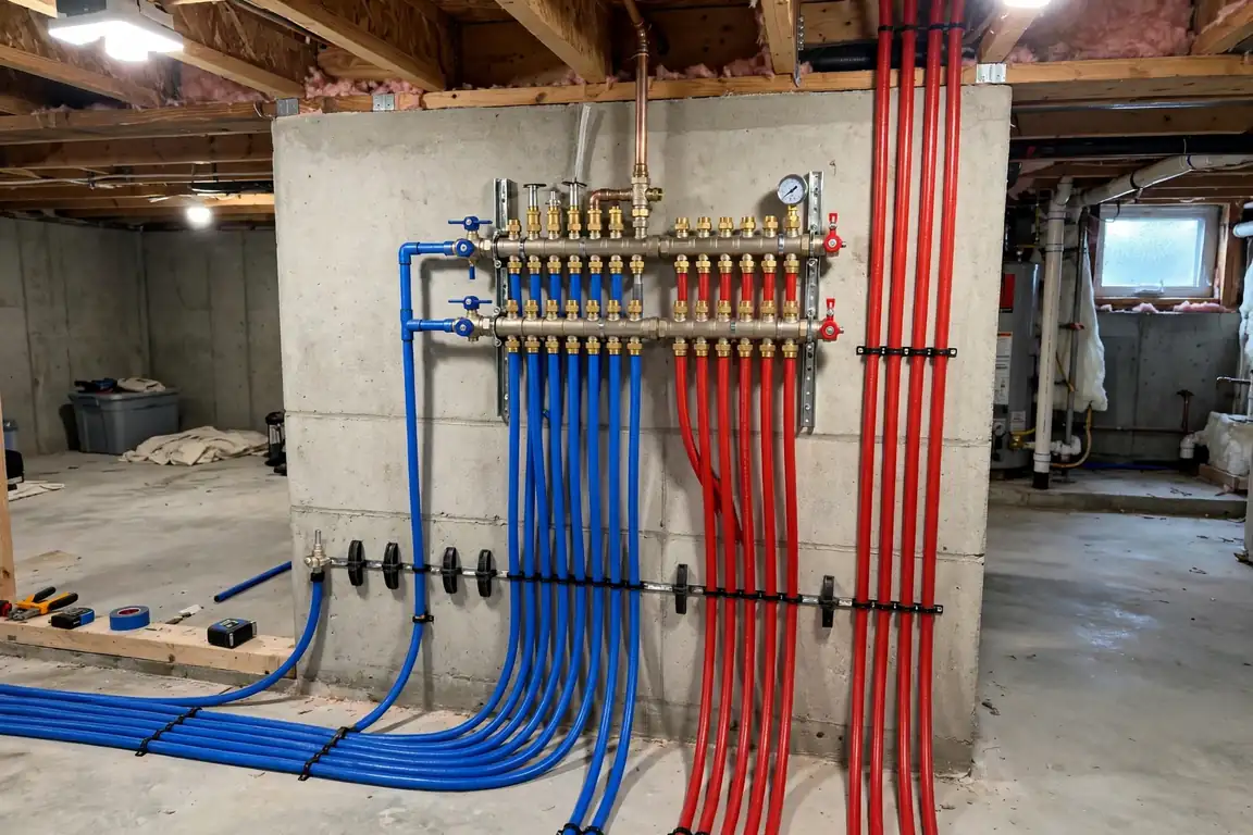 Clean new PEX repipe with neat red and blue lines and a manifold in a bright basement after repiping