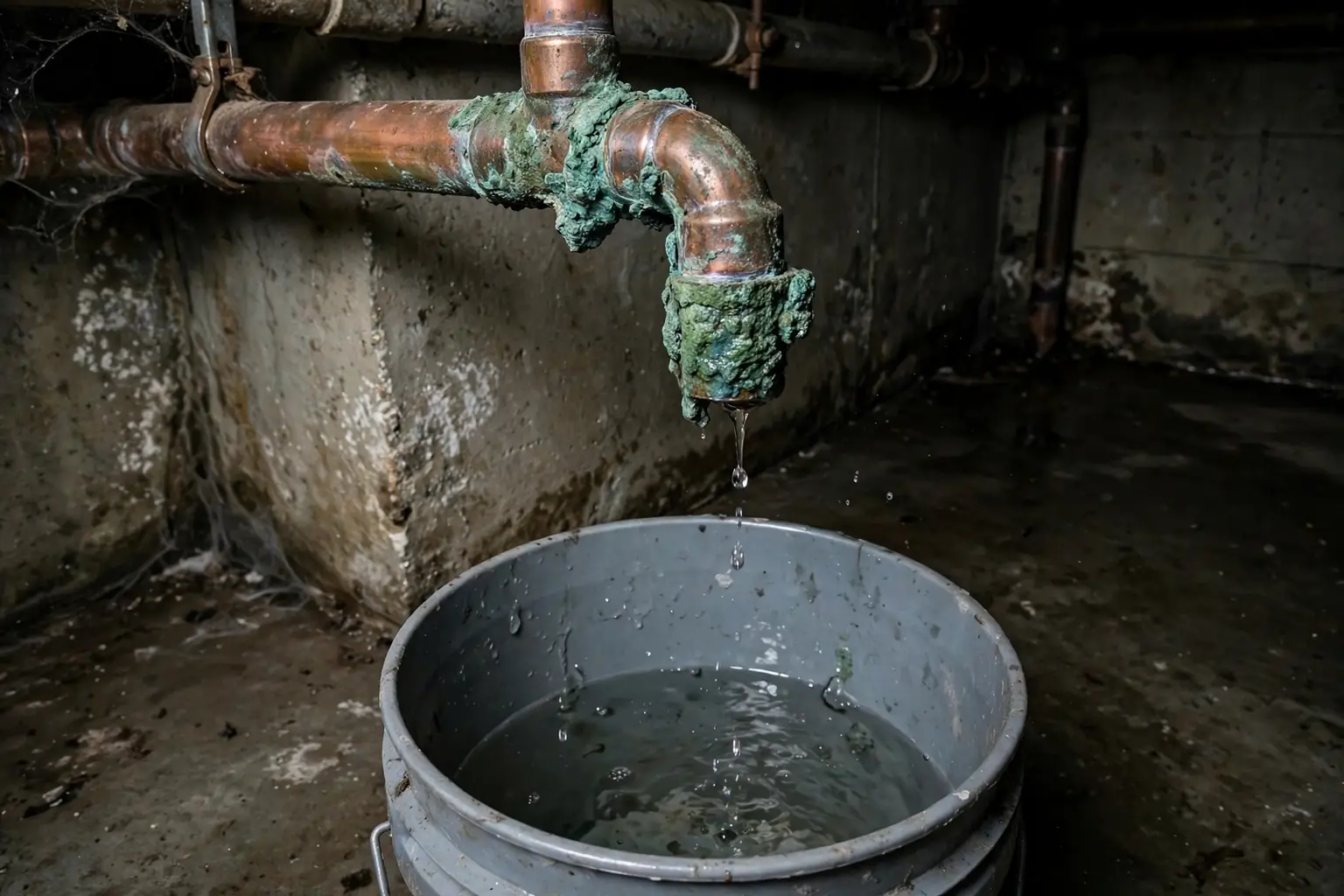 Leaking copper pipe with green mineral crust and water dripping into a bucket in a basement before repair
