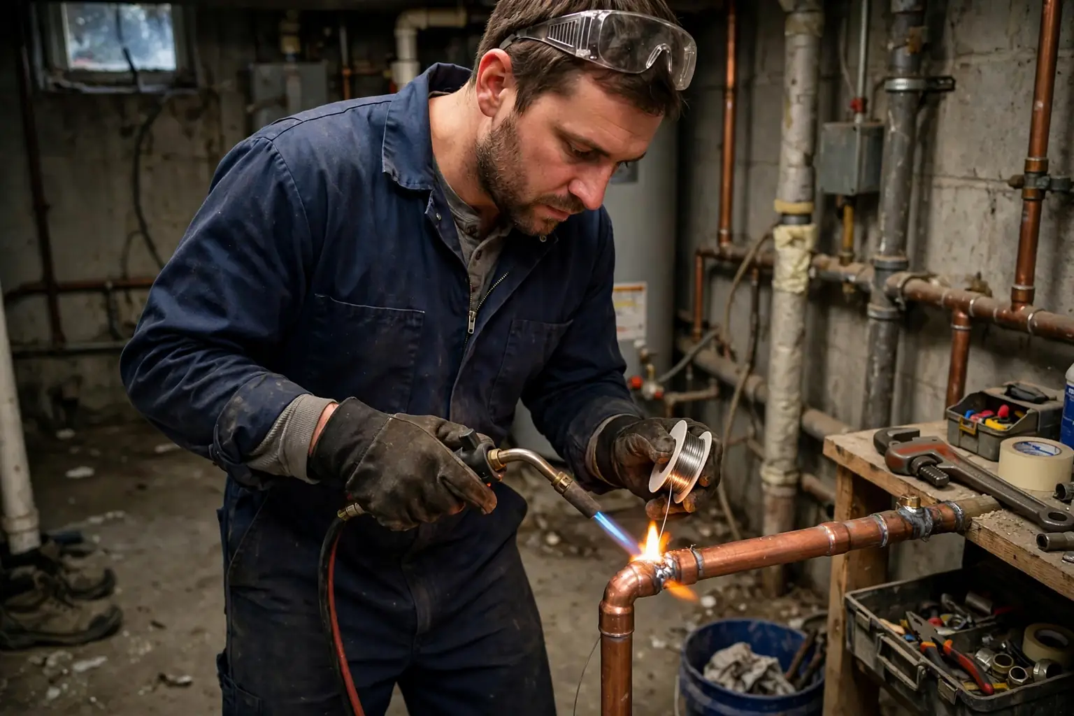 Plumber in a navy uniform soldering a copper pipe joint in a basement with a torch