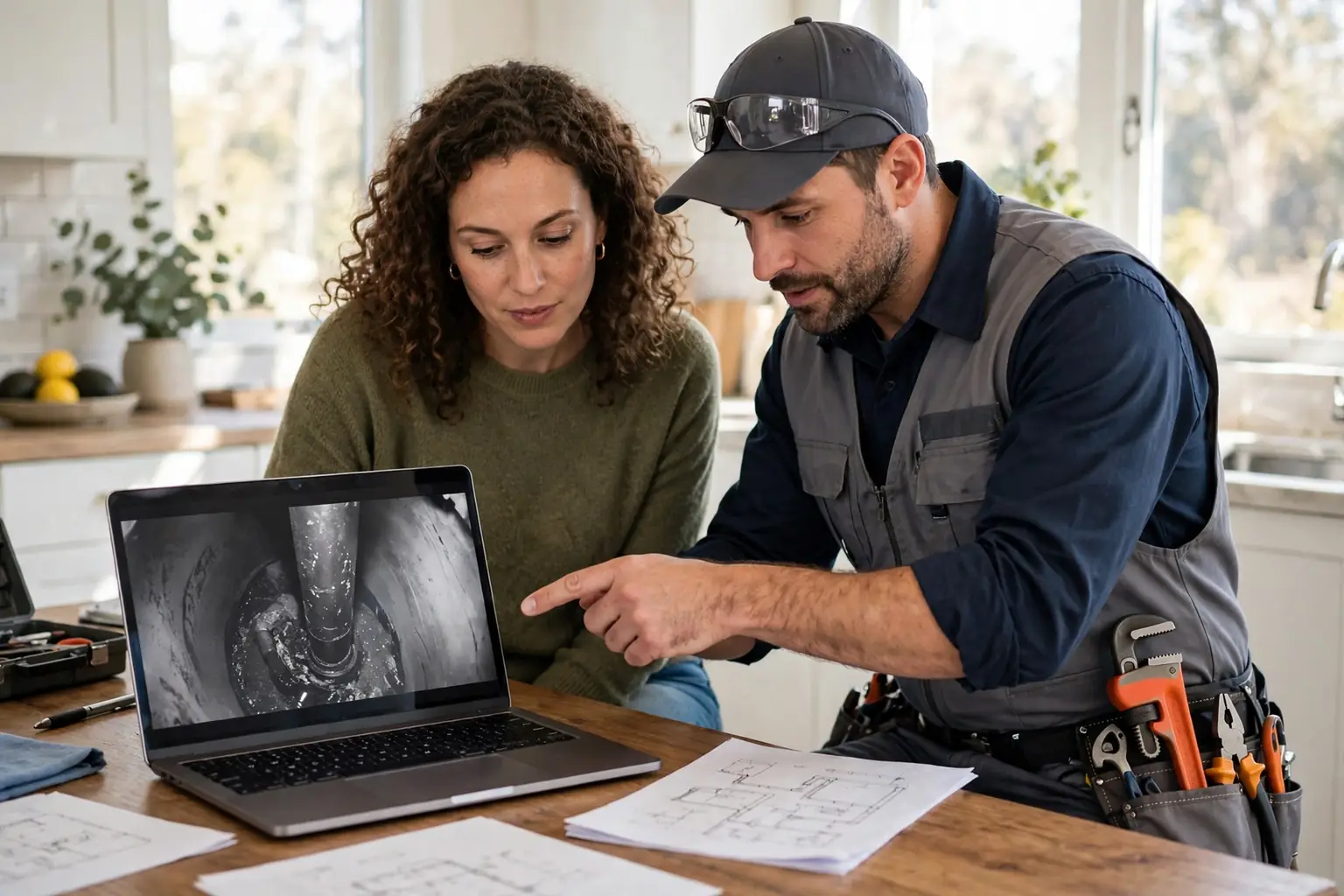 Homeowner and plumber reviewing a written inspection report and camera video together at a kitchen table after inspection