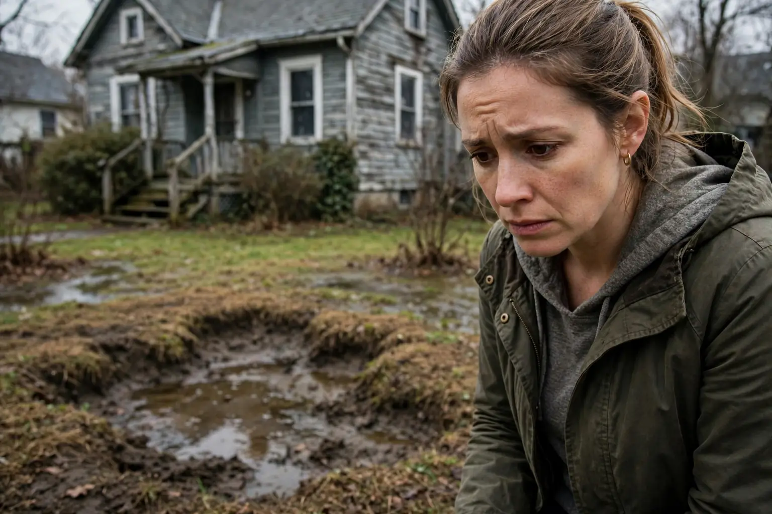 Home buyer looking worried at a soggy yard patch and sunken spot in front of an older house before inspection