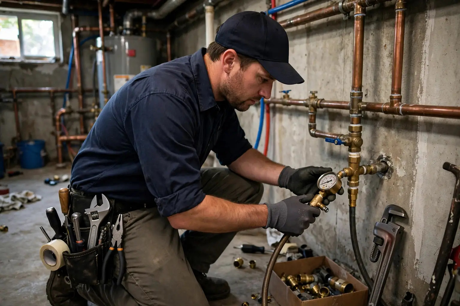 Plumber checking water pressure at a fixture with a gauge during a whole-home plumbing inspection