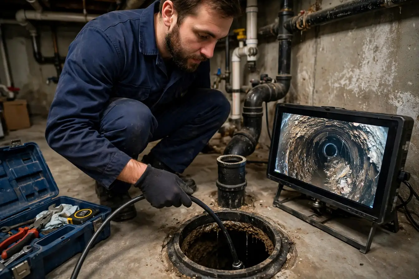 Plumber in a navy uniform feeding a sewer camera into a cleanout pipe in a basement with a monitor showing the pipe interior