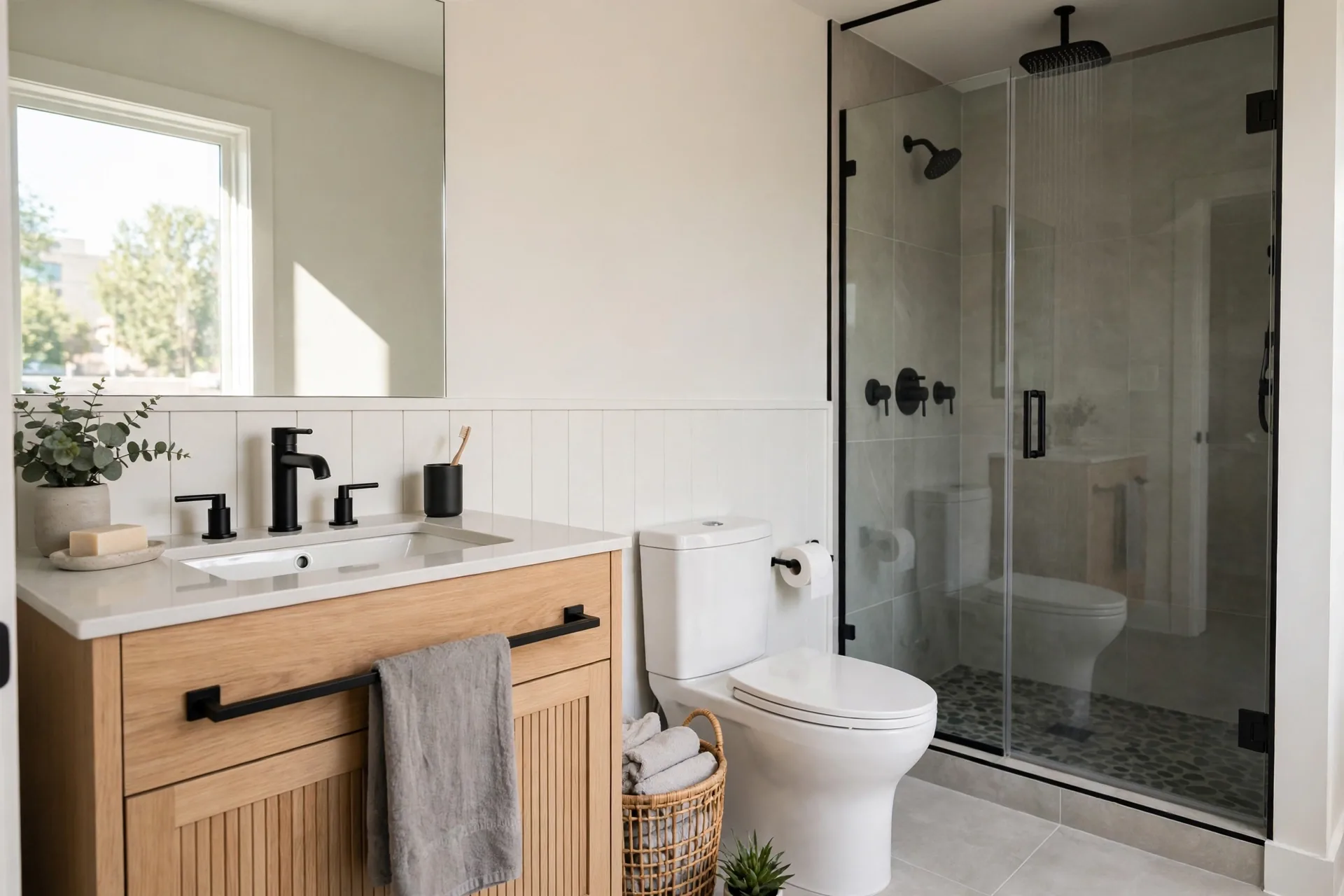 Finished modern bathroom with a new sink, faucet, toilet and rain shower installed
