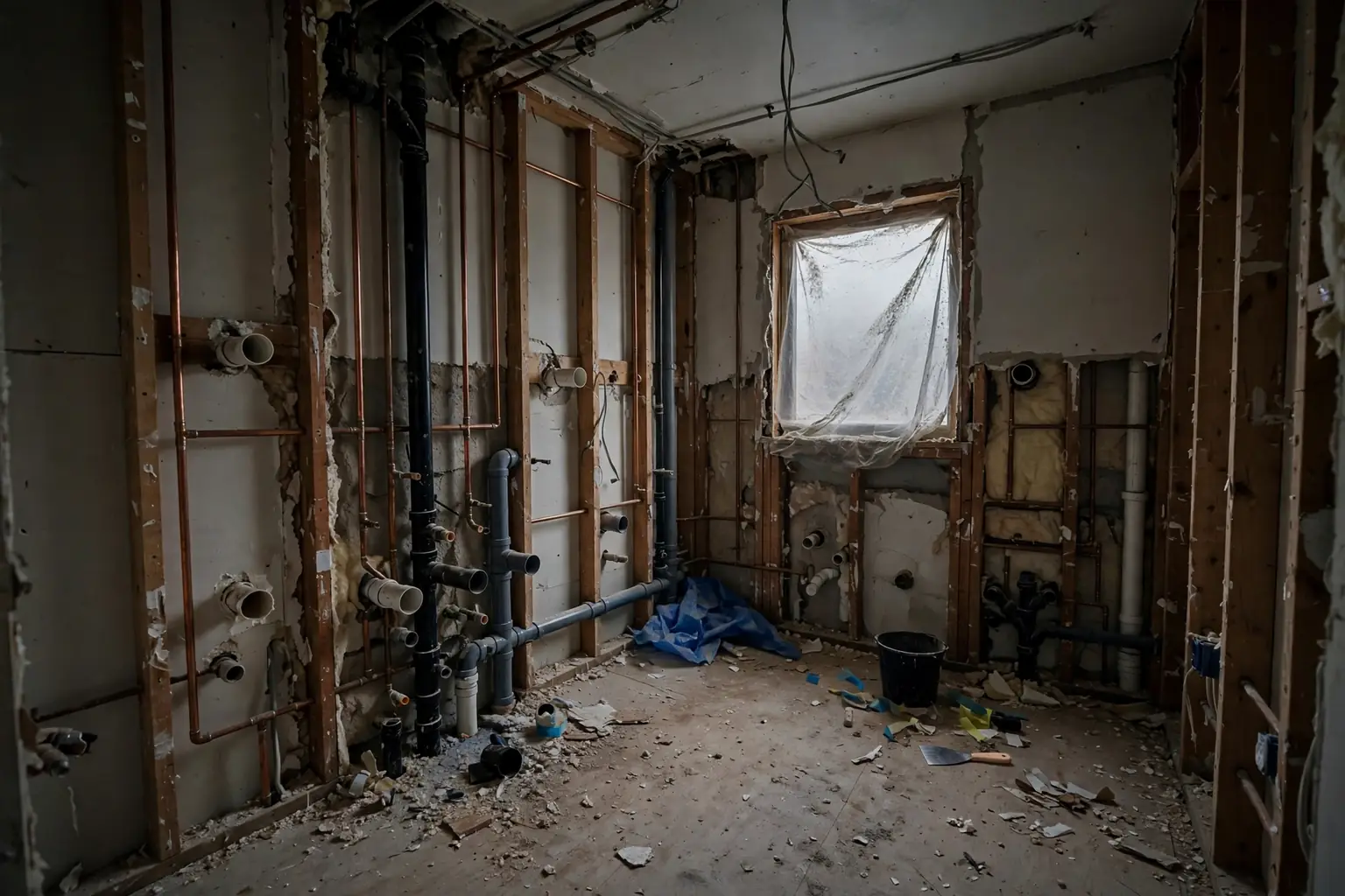 Unfinished bathroom under renovation with exposed pipes and no fixtures installed